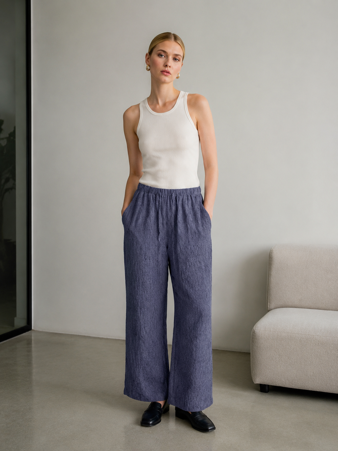 Women's Khaki Textured Drawstring Wide Leg Pants - Relaxed Fit Trousers  S-2543