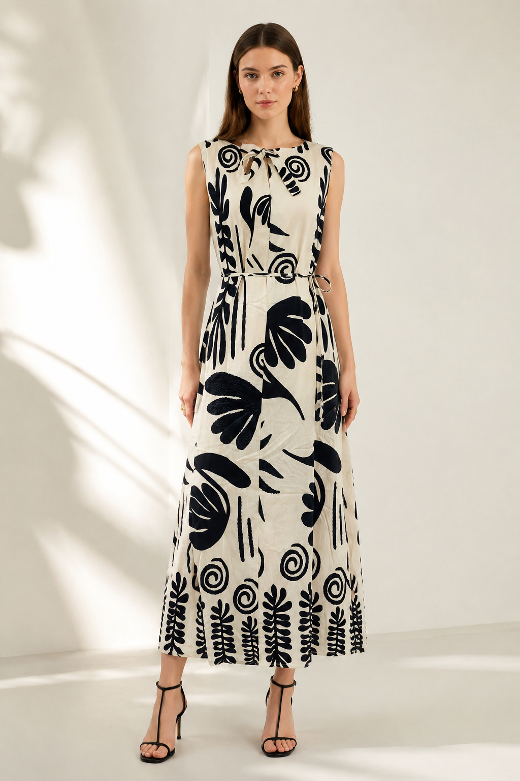 Women’s Boho Tropical Leaf Print Sleeveless Maxi Dress with Pom Pom Trim 2550