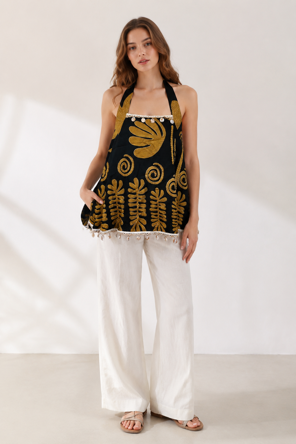 Women’s Boho Embroidered Halter Cami Top with Pom Pom Trim 28023-1