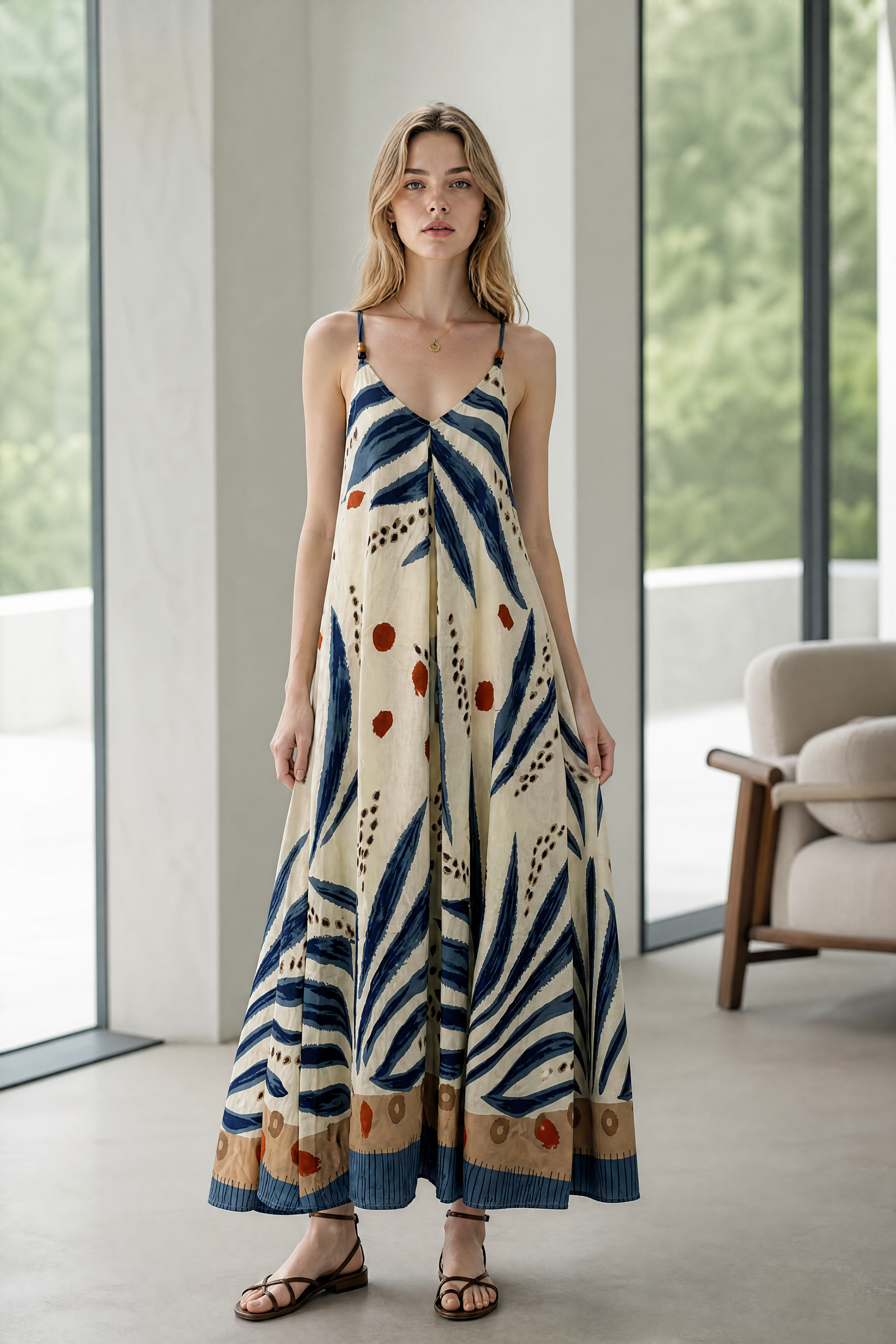 Women’s Tropical Leaf Print Halter Maxi Dress with Pom Pom Trim 2882-2
