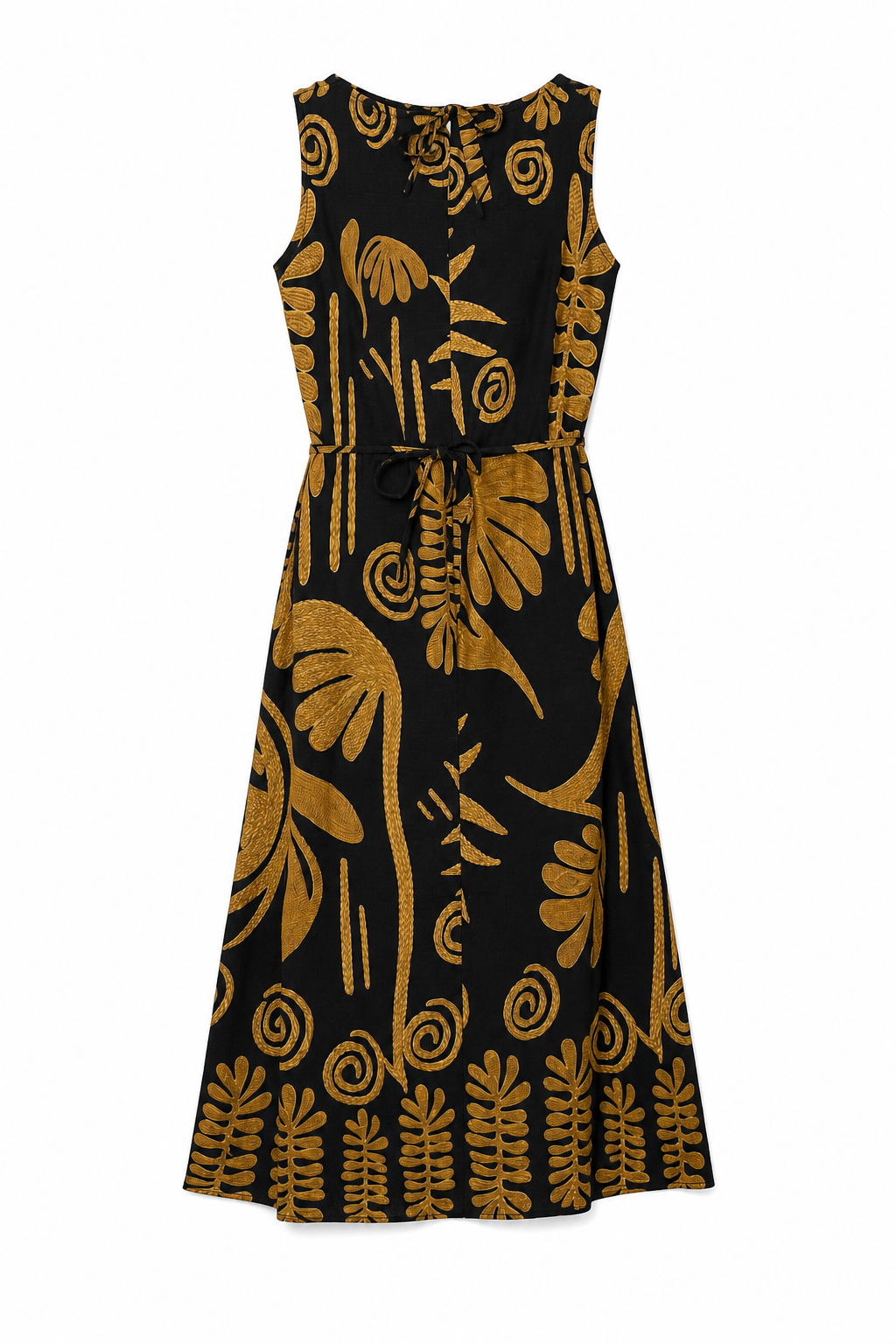 Women’s Black Floral Print Sleeveless Maxi Dress with Belted Waist