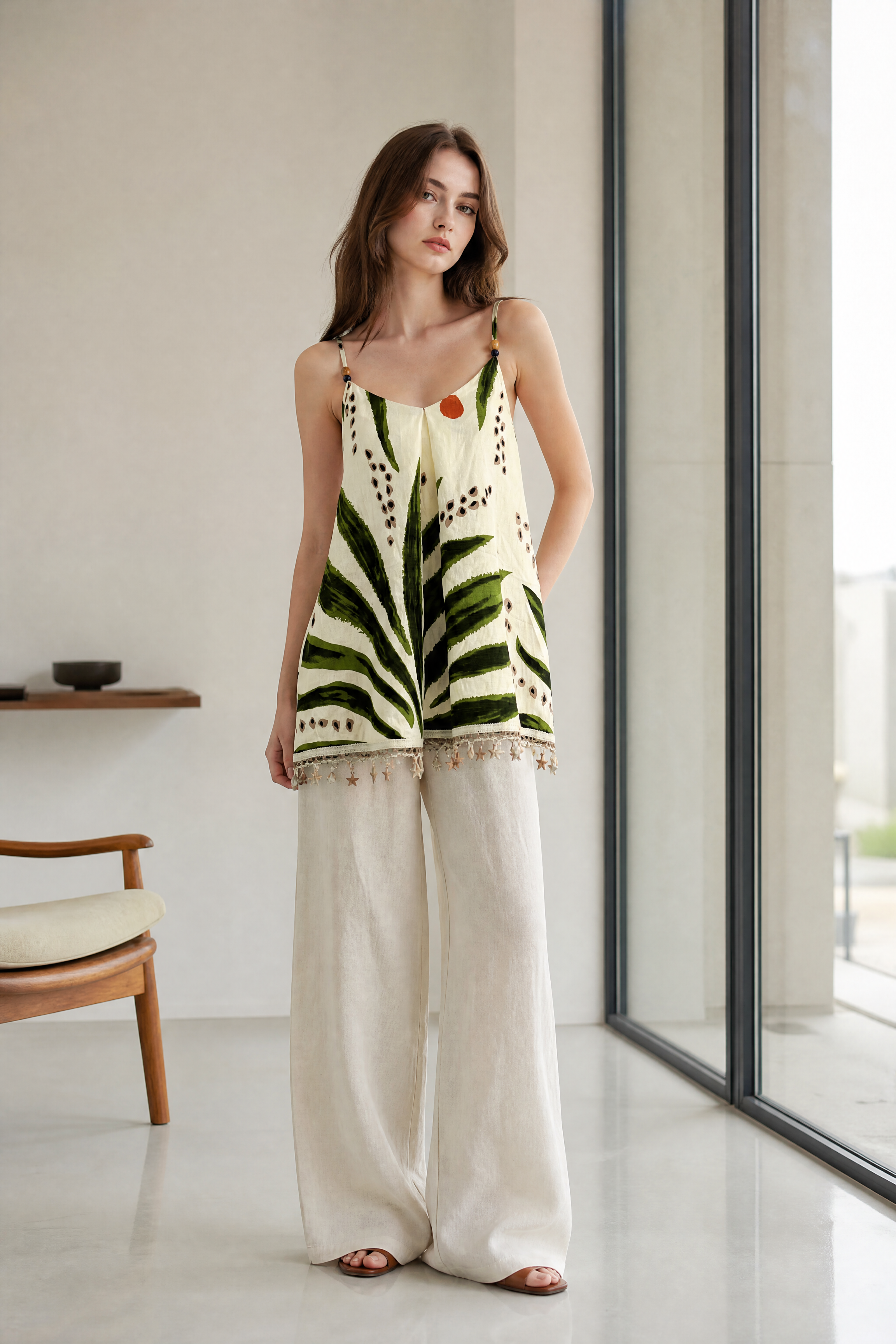Women’s Tropical Leaf Print Spaghetti Strap Cami Top with Pom Pom Trim 2882-3