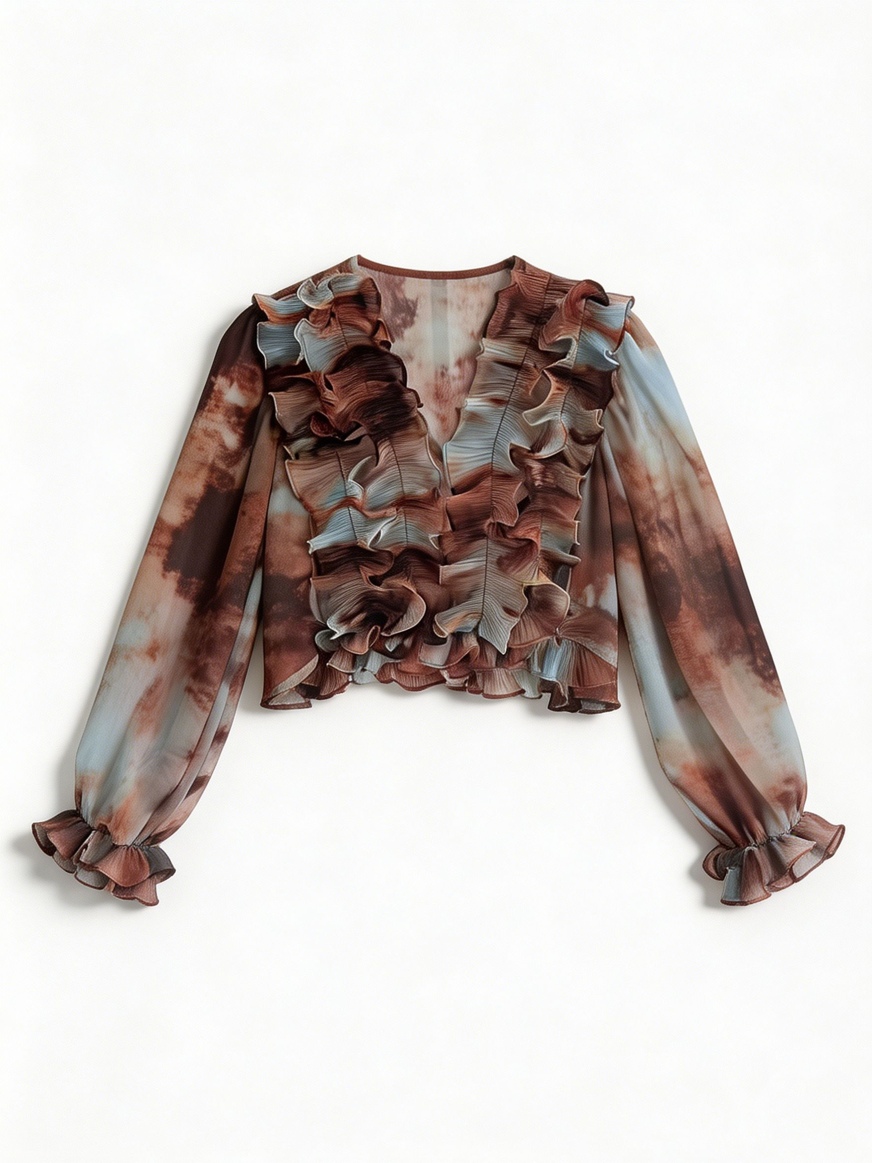 Women’s Tie Dye Ruffle Sheer Chiffon Long Sleeve Blouse XW-251201