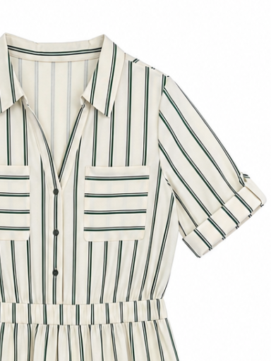 Women Vertical‑Striped Shirt Midi Dress C-42079