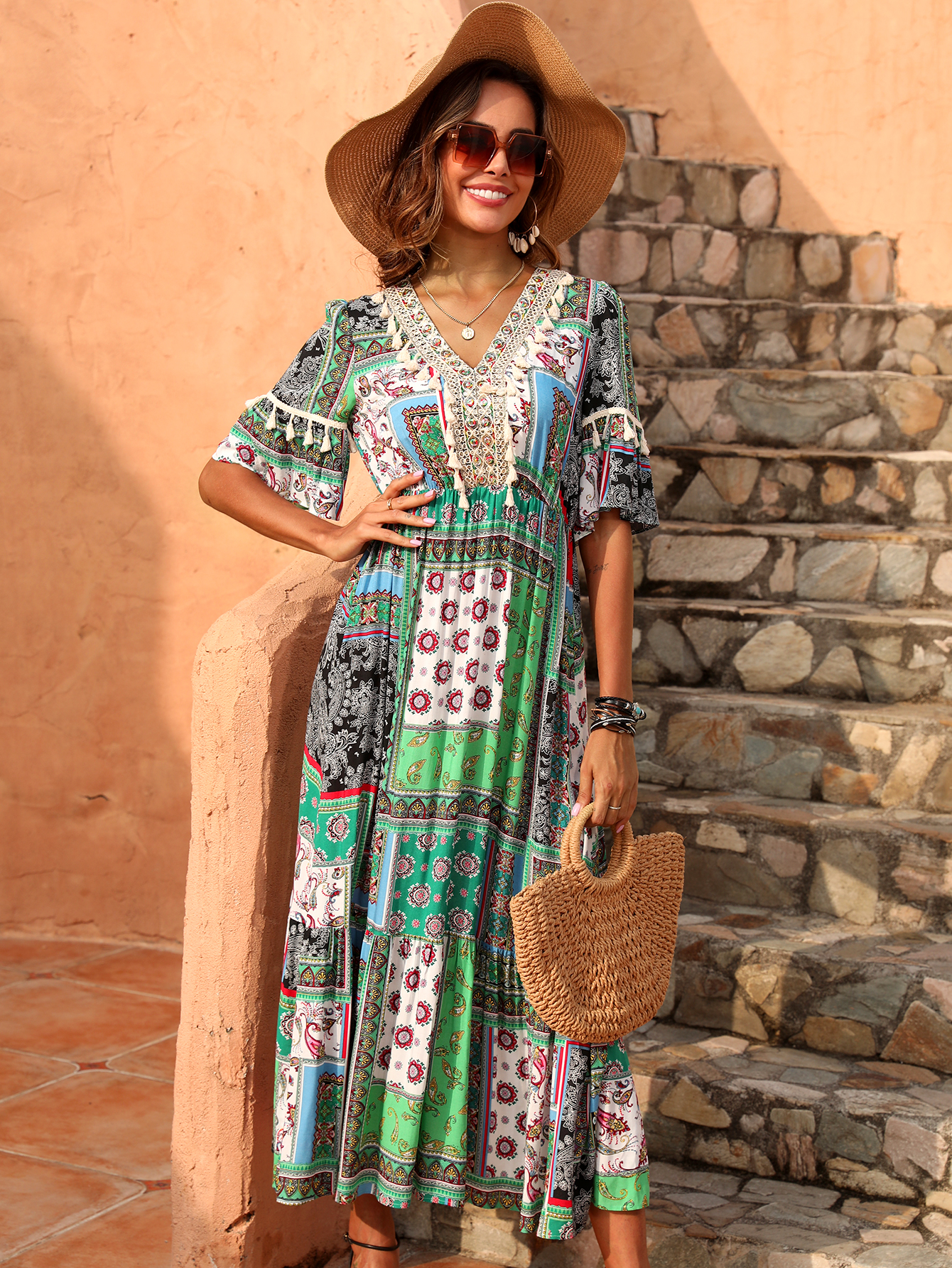 Women’s Boho Patchwork V-Neck Flowy Midi Dress D-35749