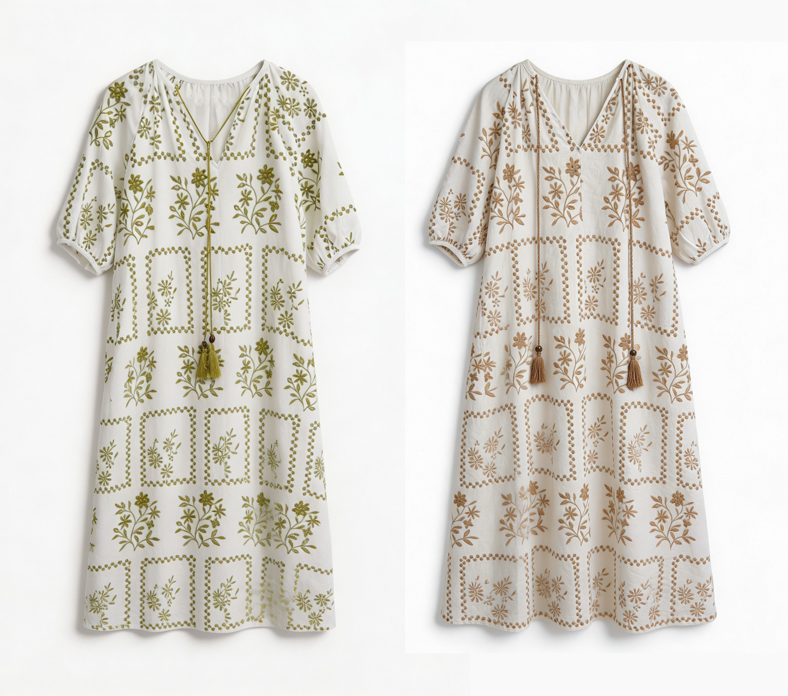 Minimalist Boho Floral Embroidered Maxi Dress with Tassel Neckline AN-750009