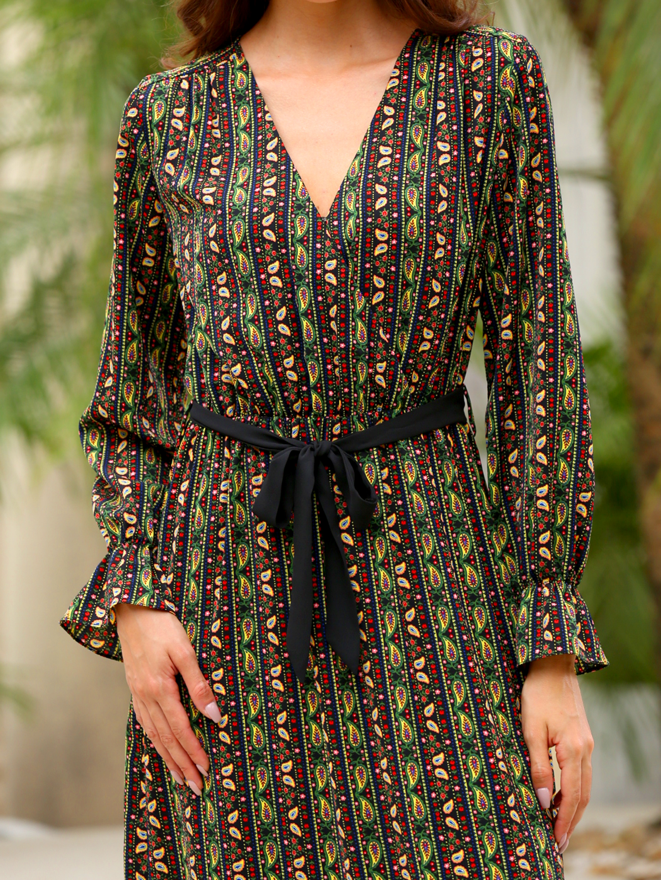 Women’s Boho Ethnic Print Belted Midi Dress W-31408