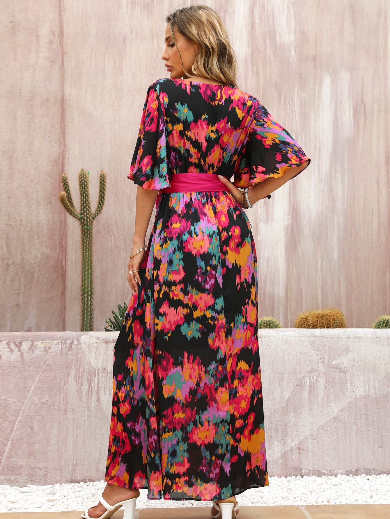 Vibrant Floral Wrap Belted Flutter Sleeve Maxi Dress W-32906