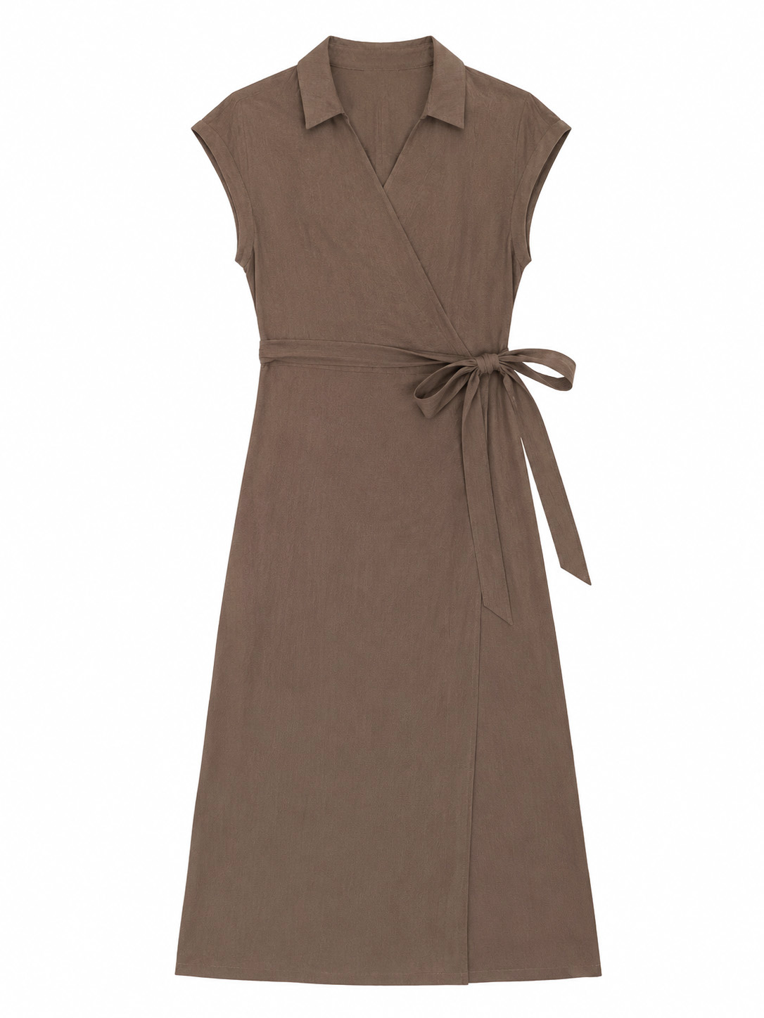 Women's Taupe Collared Wrap Midi Dress with Tie Waist C-41876