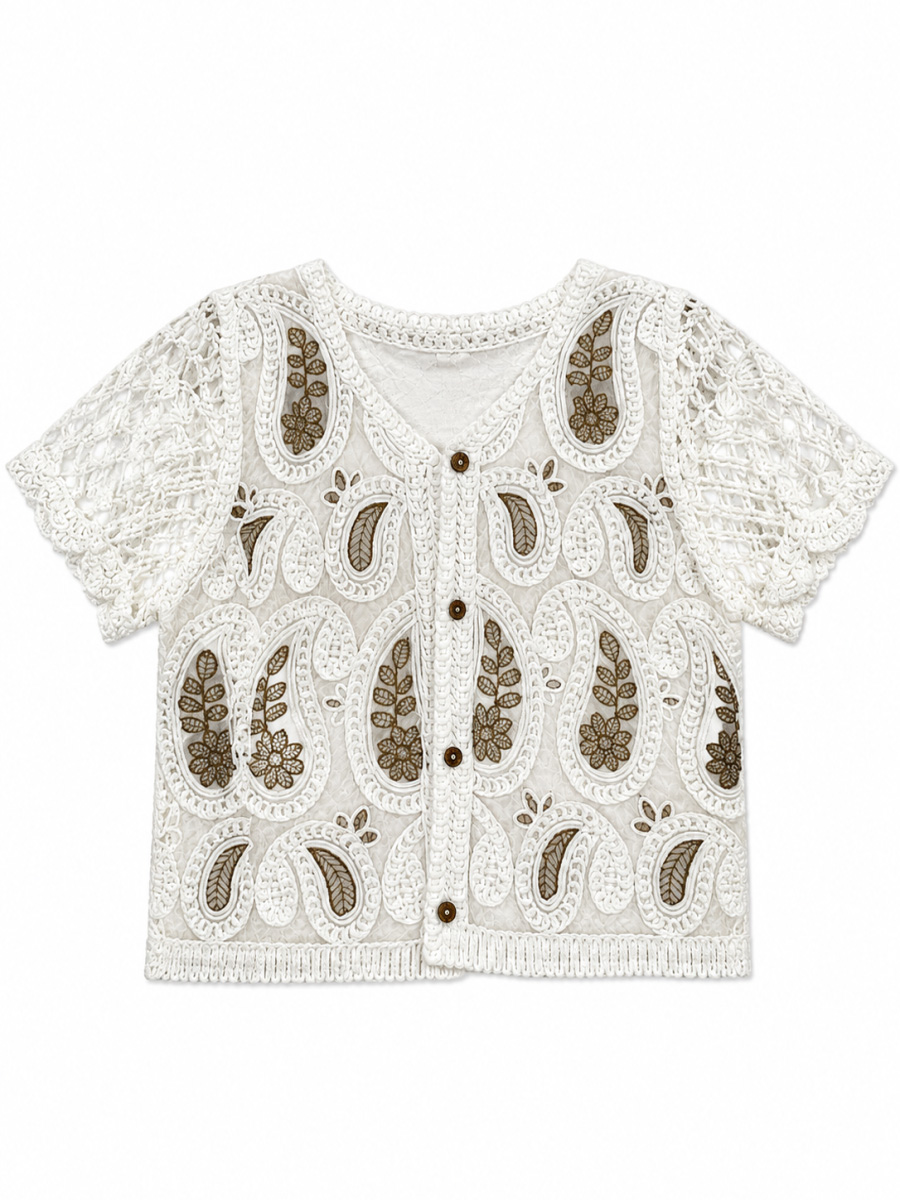 Women's Teardrop Openwork Short-Sleeve Crochet Cardigan A273