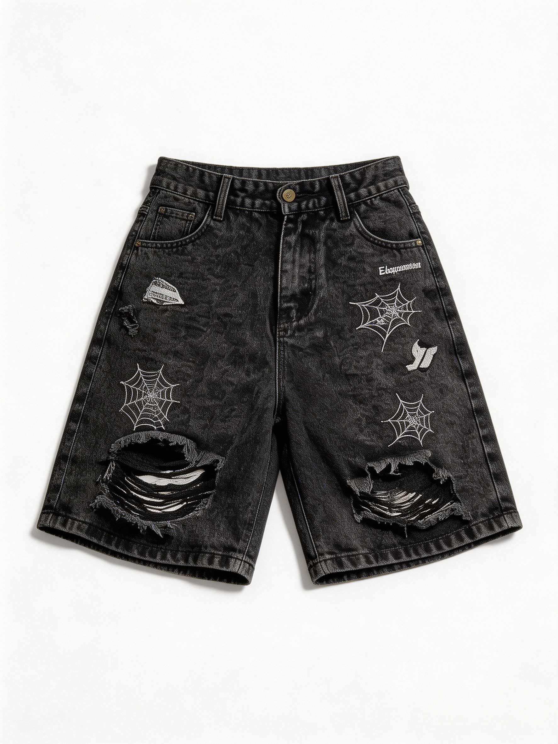 2K Streetwear Spider Web Graphic Ripped Jeans Shorts Baggy Denim Jorts ZY6080