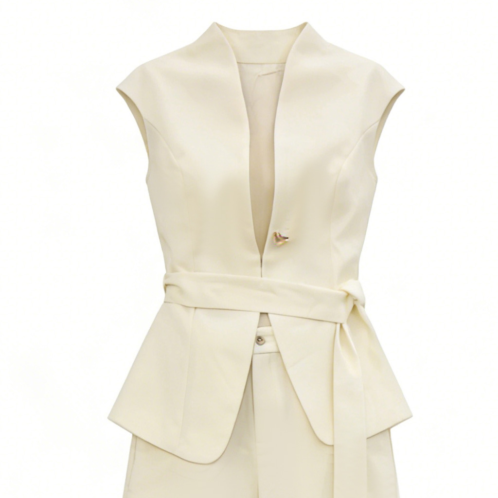 Cream White Sleeveless Blazer Vest Wide Leg Pants Set - Office Wear Two Piece Outfit C-41271+C-41272