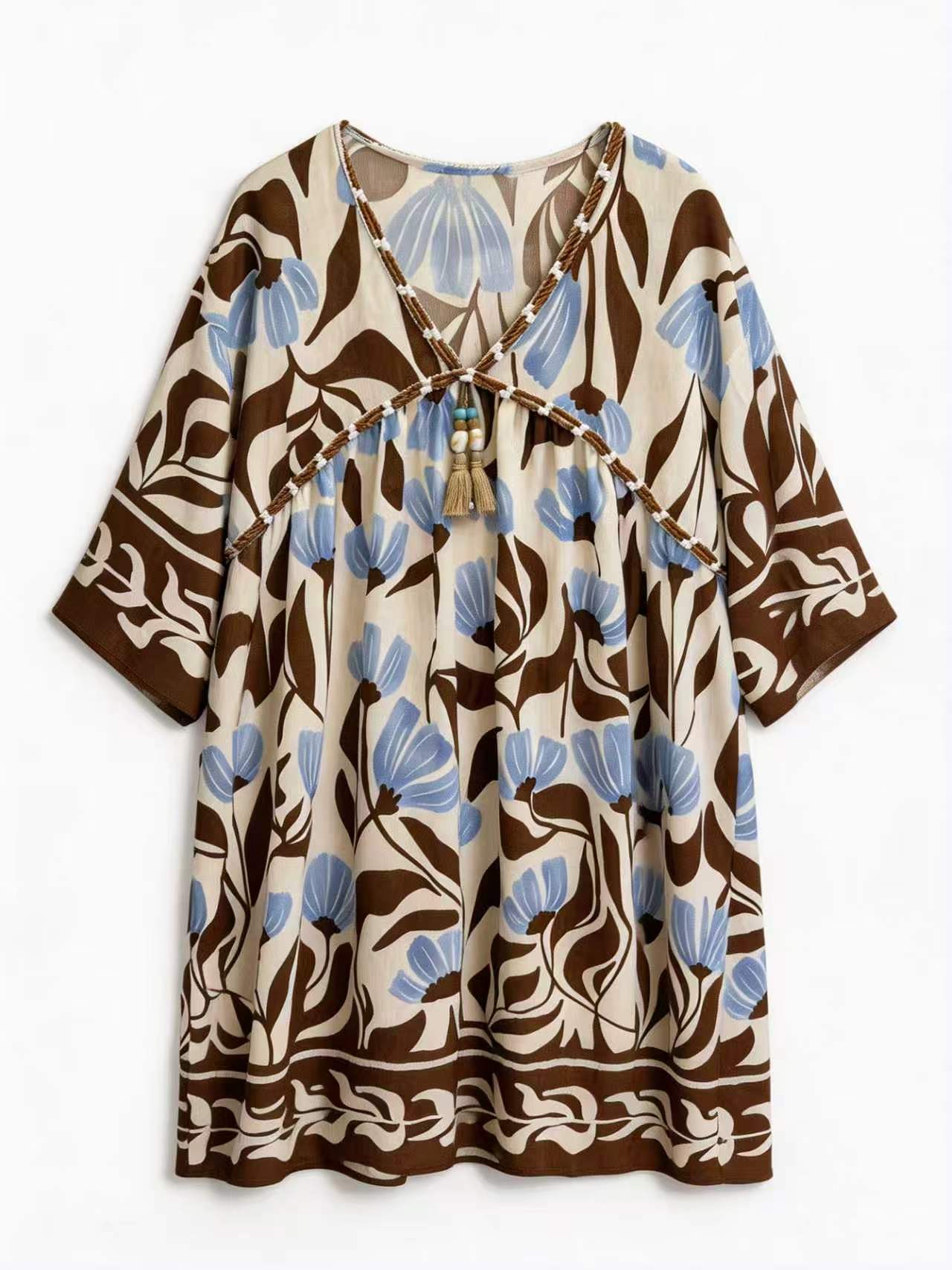 Women Boho Floral Tassel Tunic Blouse Resort Wear C-42531(AN-760006)