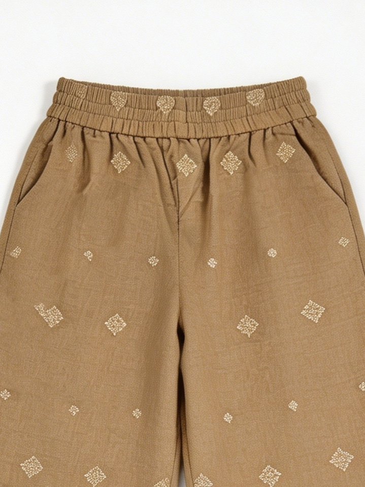 Boho Khaki Geometric Embroidered Pants - High Waist Relaxed Fit Trousers  AN-710002