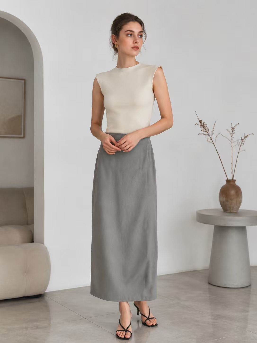 Light Grey High Waist Maxi Pencil Skirt - Office Wear 27565