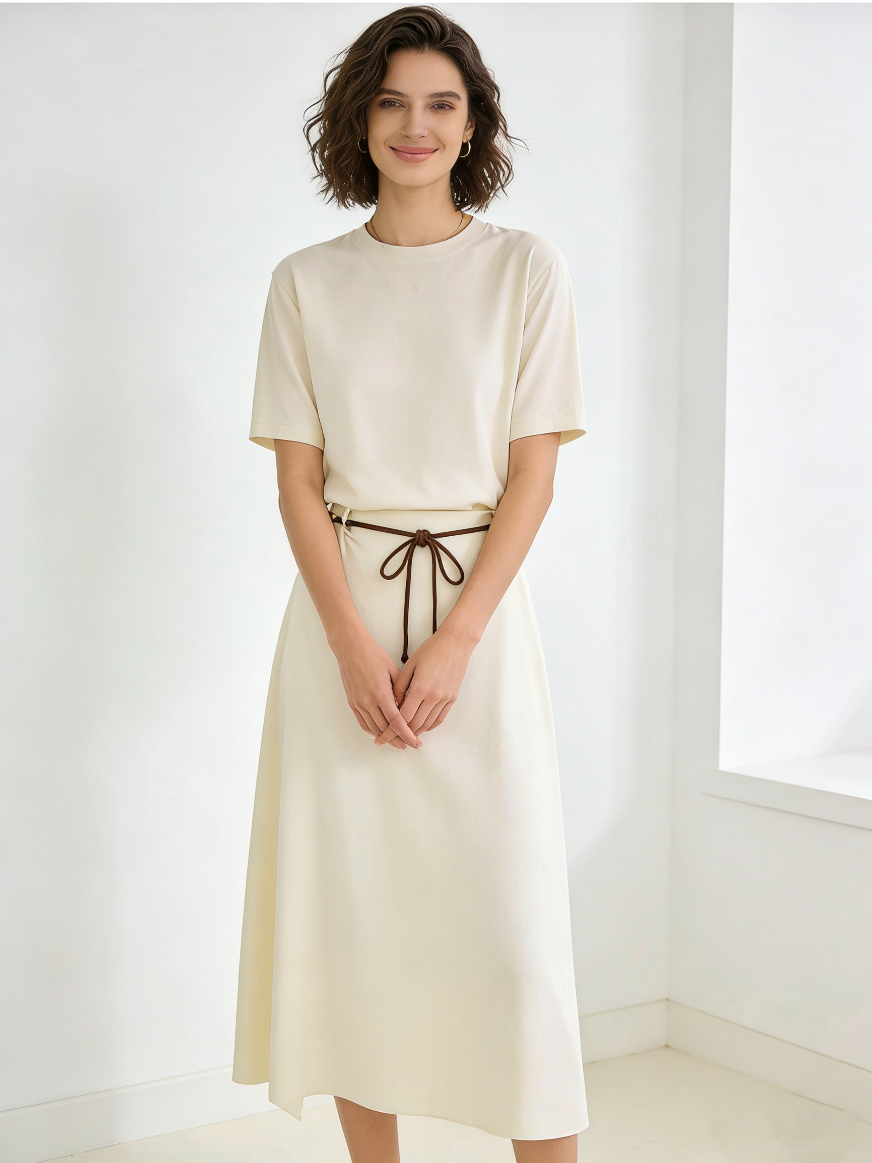 Elegant White Floral Drawstring Skirt - High Waist Flowy Casual Skirt  C-41935A