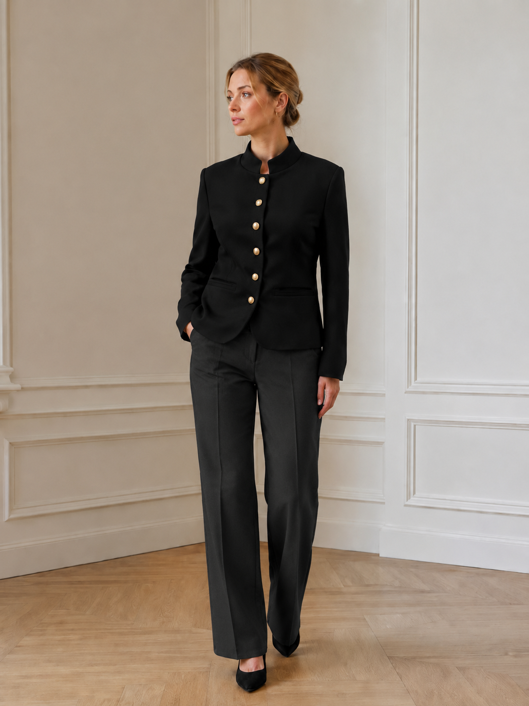 Women’s Gold Button Stand Collar Tailored Blazer W-43164