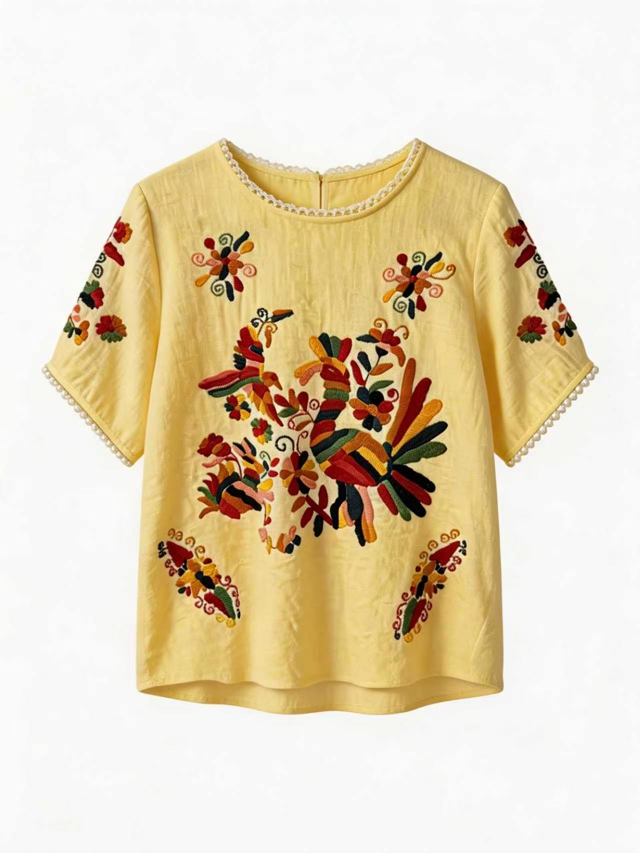 Floral Embroidered Boho Blouse with Lace Trim LA-750002