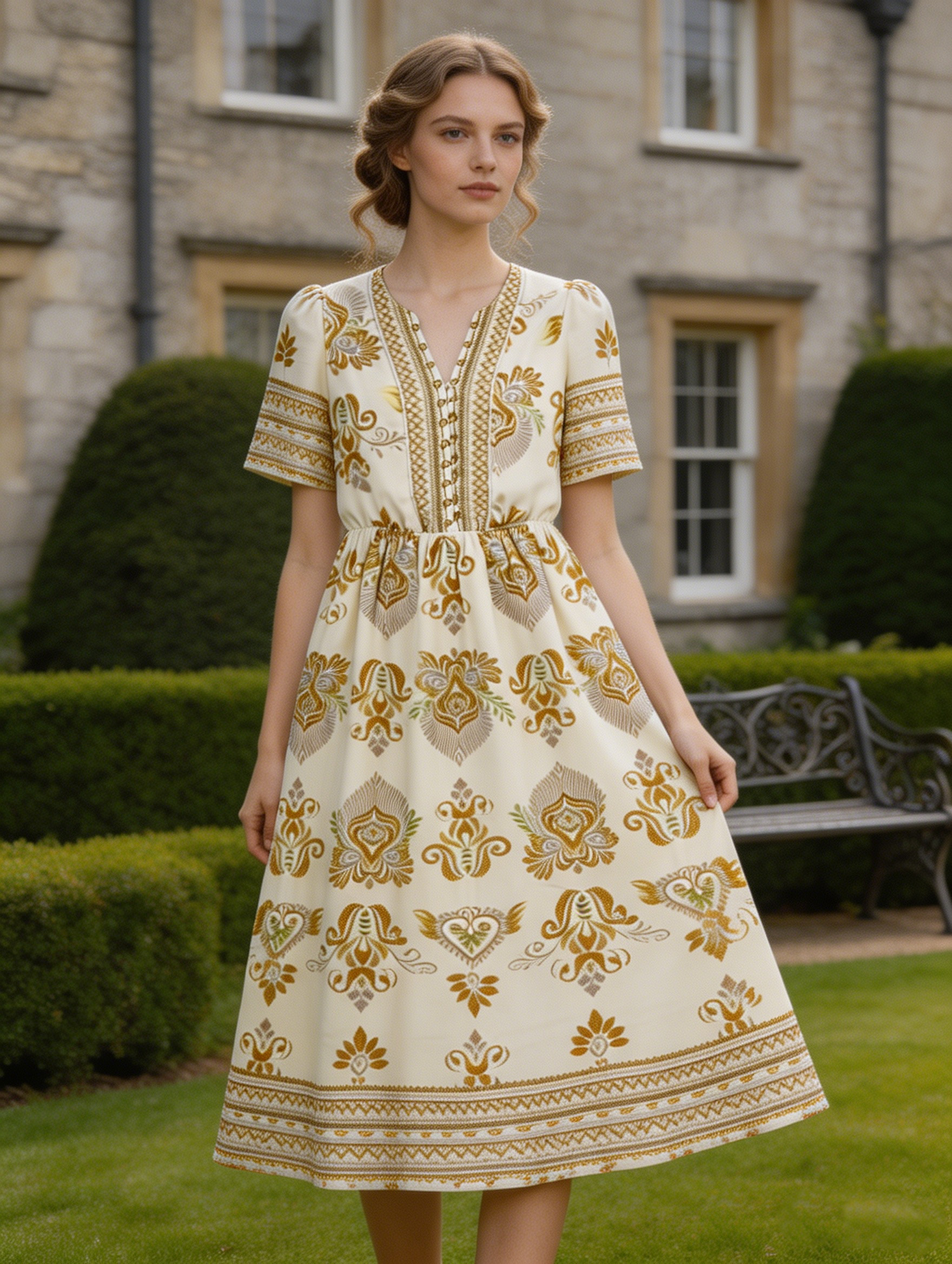 Ethnic Style Beige Gold Paisley Dress - High Waist A-Line Dress  C-40115