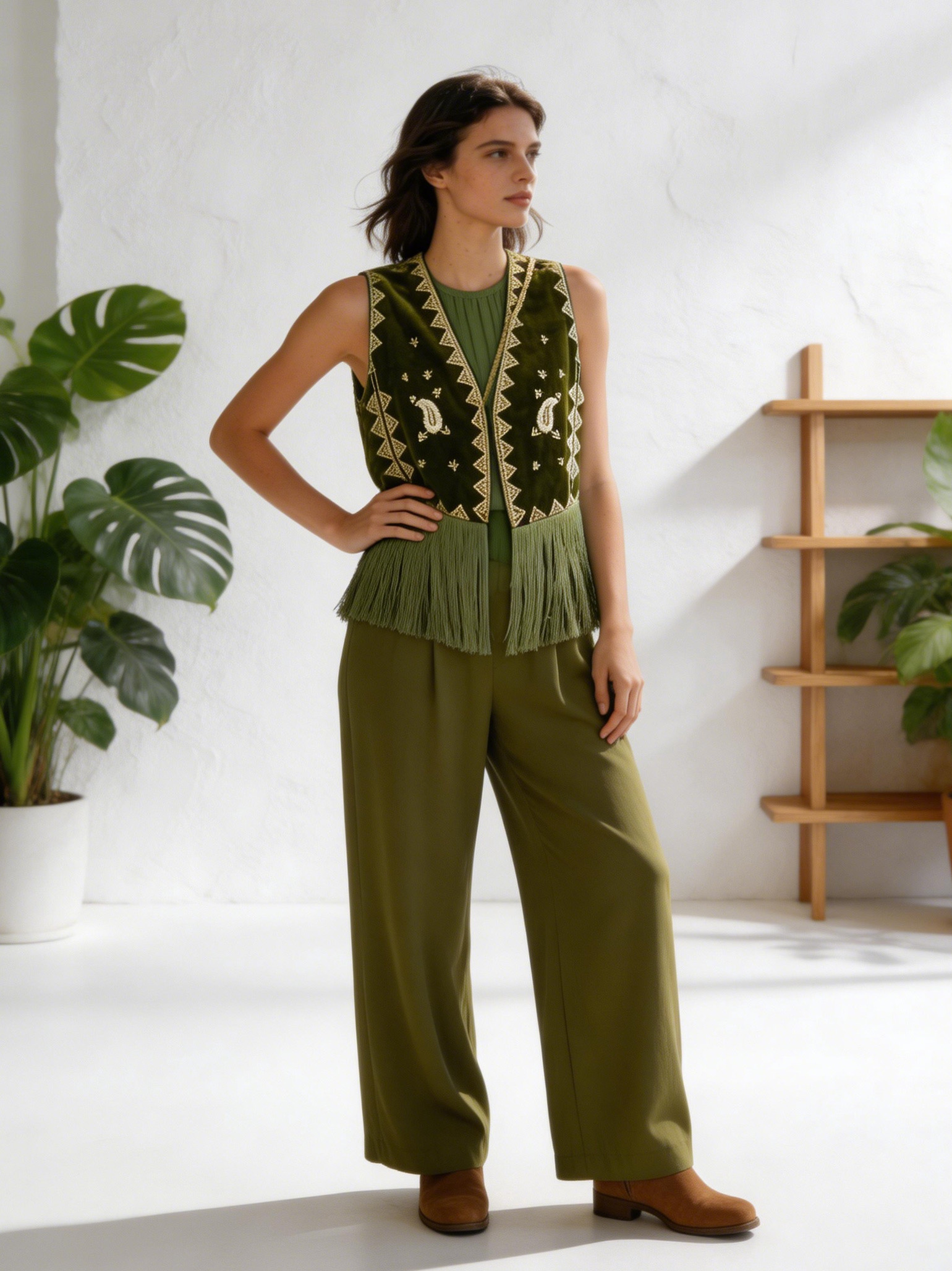 Bohemian Green Velvet Fringe Vest - Gold Paisley Embroidered Ethnic Waistcoat  AN-980011