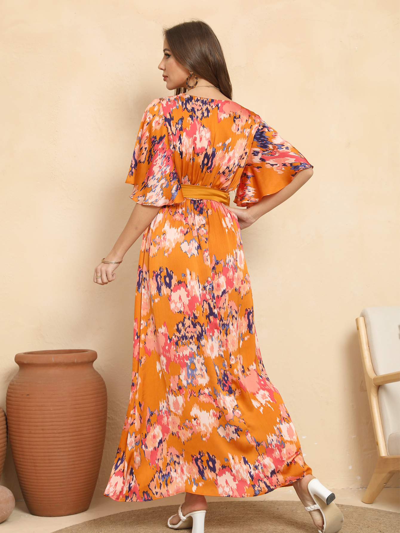 Vibrant Floral Wrap Belted Flutter Sleeve Maxi Dress W-32906
