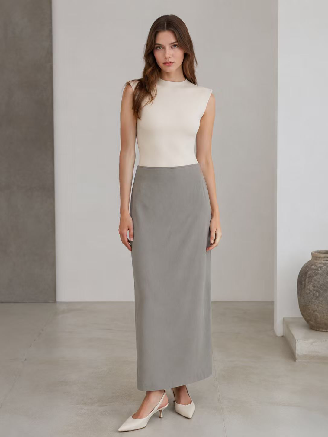 Light Grey High Waist Maxi Pencil Skirt - Office Wear 27565