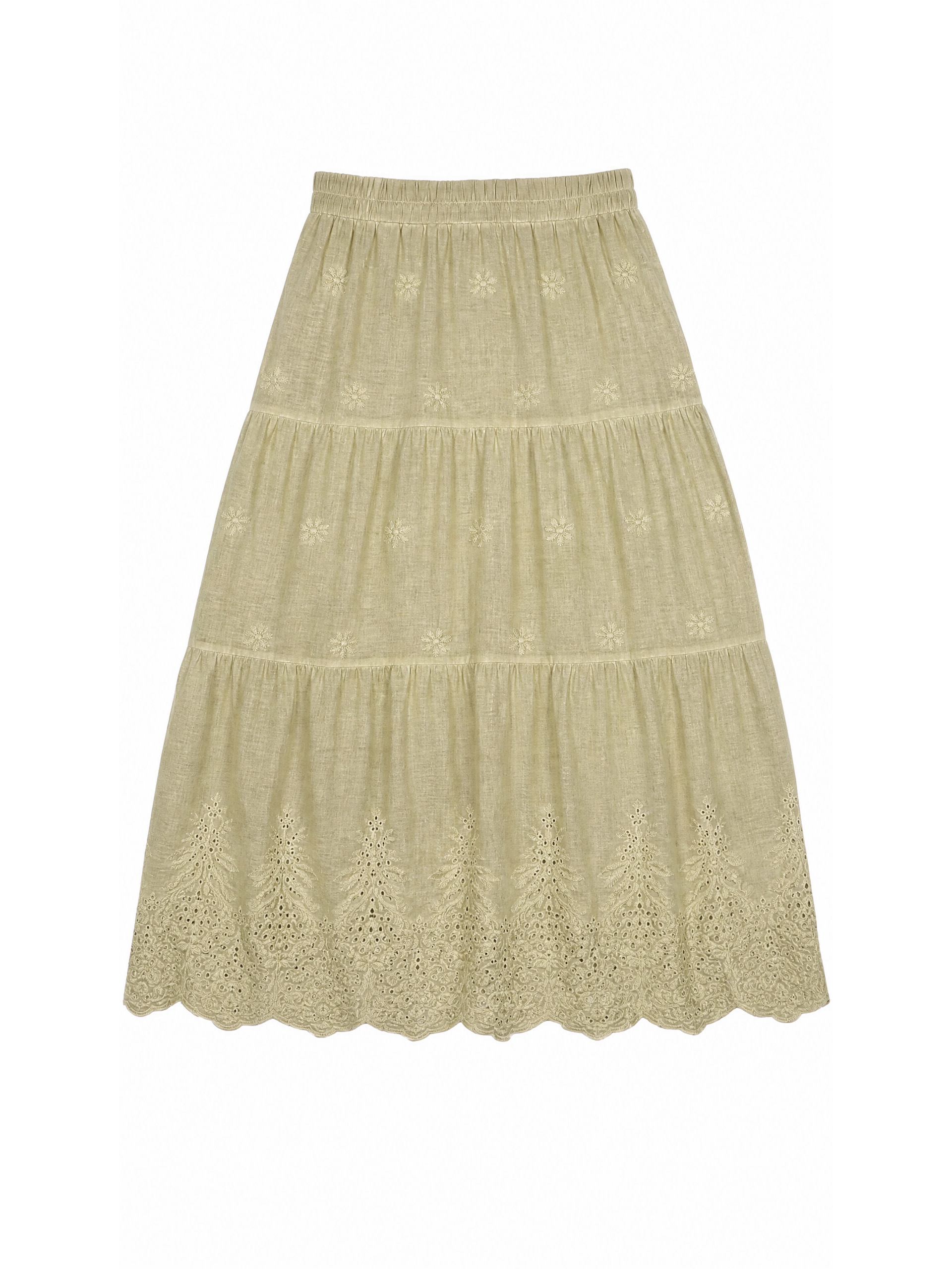 Women's Beige Tiered Lace Maxi Skirt with Scalloped Hem 508#20