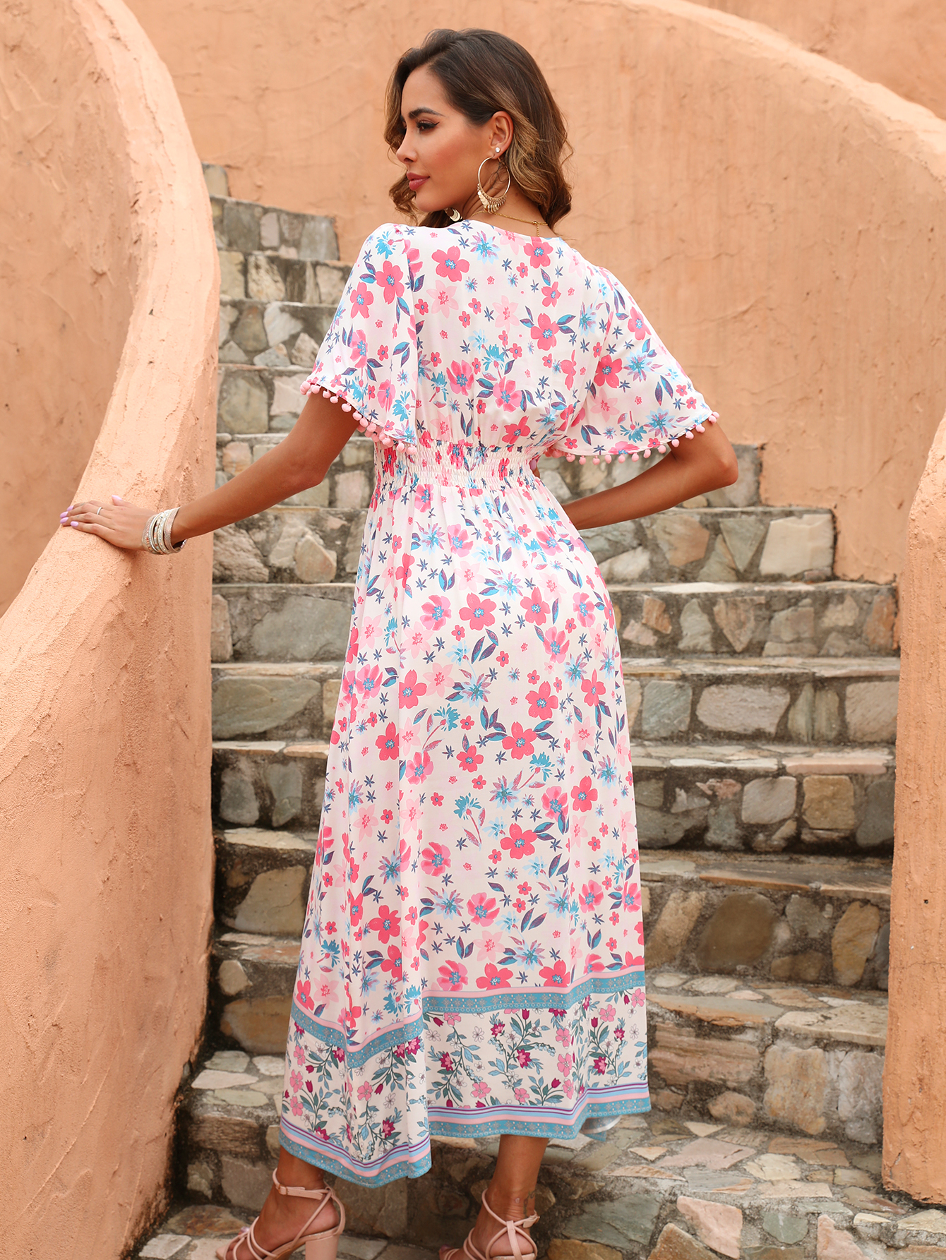 Women’s Boho Floral V-Neck Smocked Waist Midi Dress D-35651
