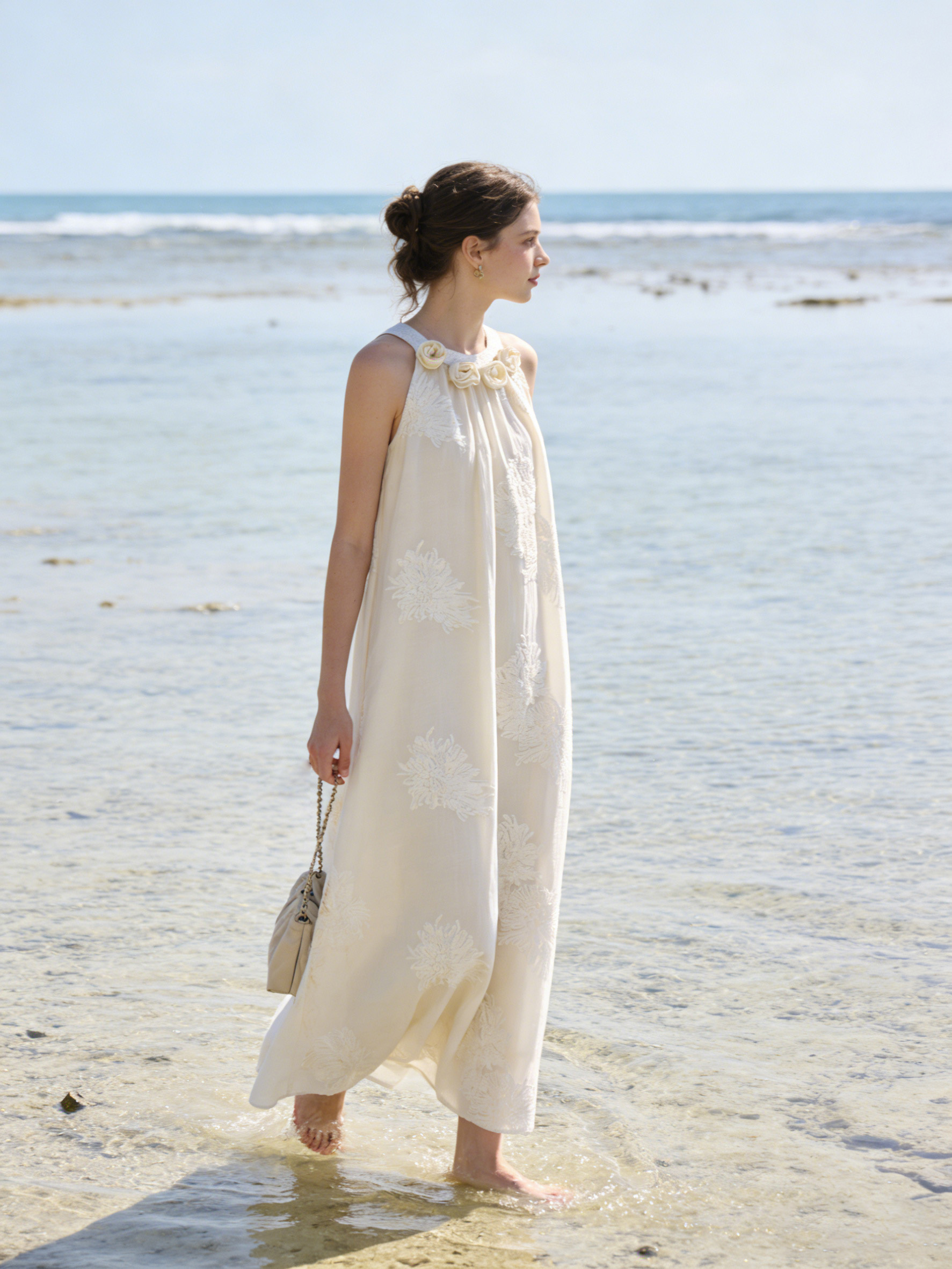 White Floral Embroidered Halter Neck Maxi Dress - Boho Vacation Dress W-40377