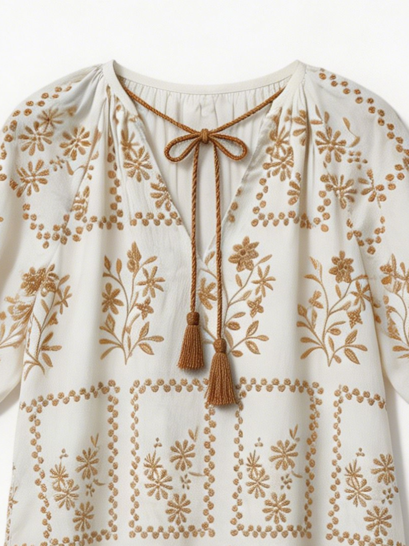Boho Embroidered Tassel Tie Midi Dress – Women’s Resort Vacation Style C-42323