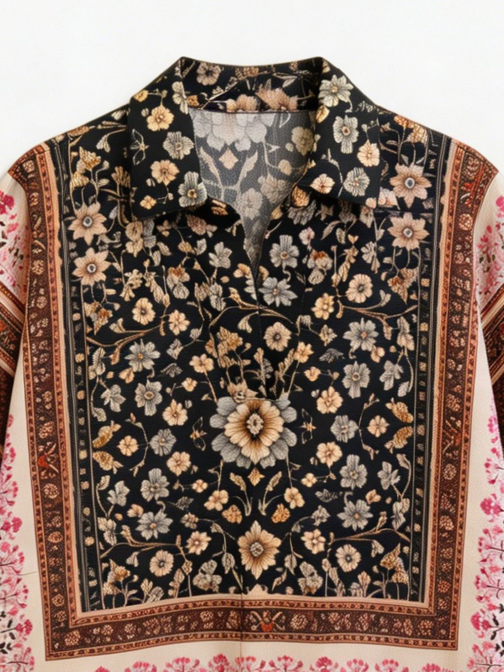 Boho Scarf Print V-Neck Camp Collar Relaxed Shirt AN-620049