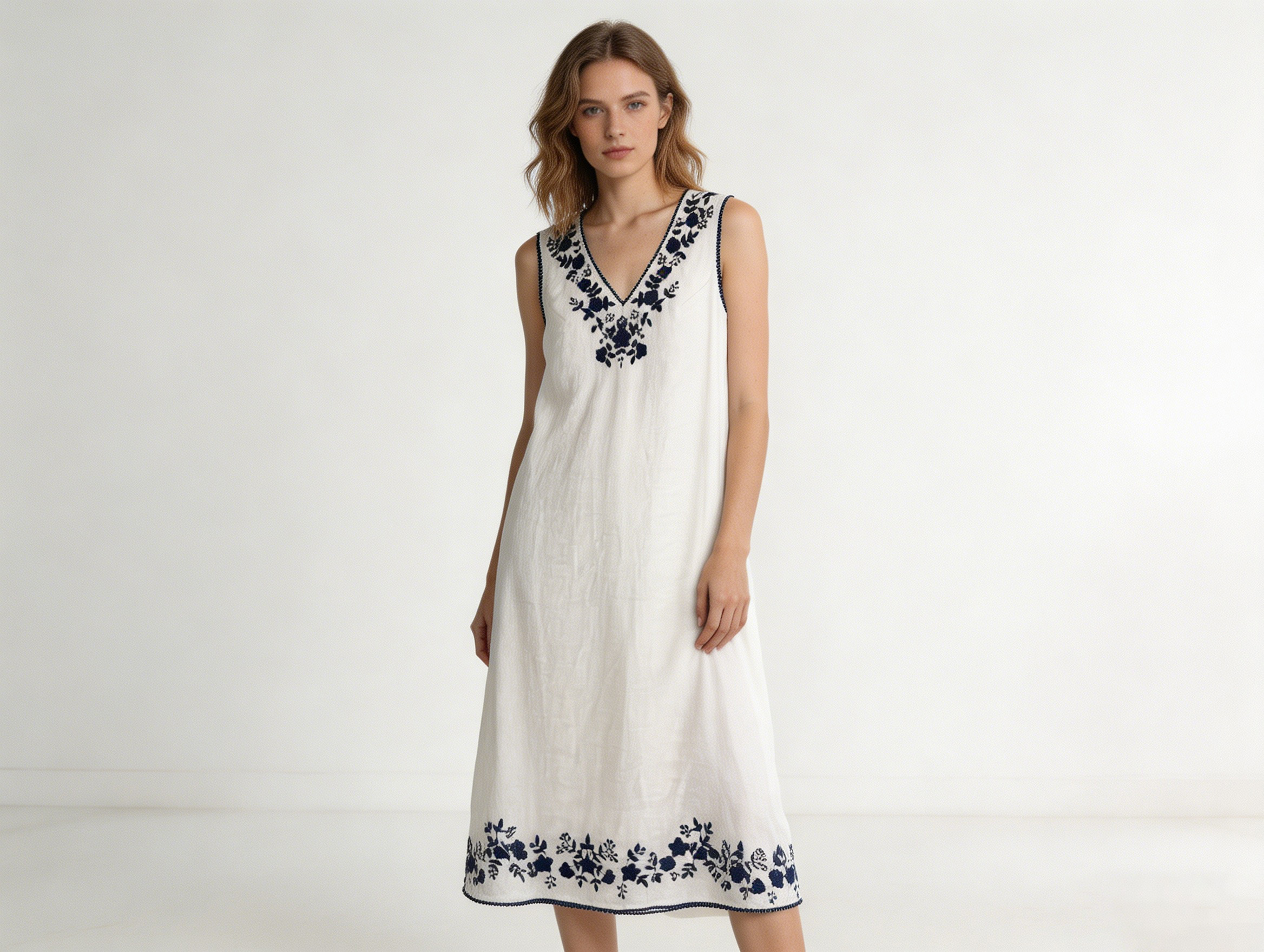 White Navy Floral Embroidered V-Neck Maxi Dress - Mexican Boho Style W-40590