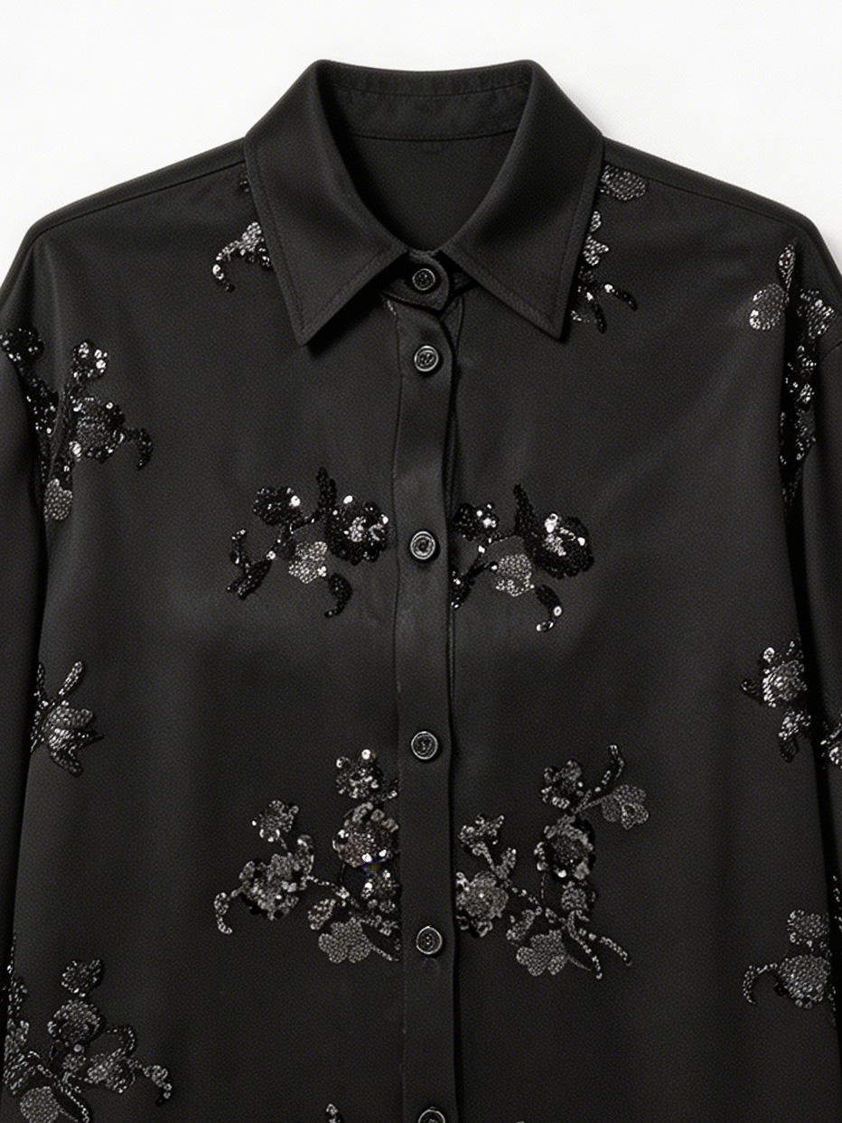 Black Sequin Floral Satin Blouse W-34363