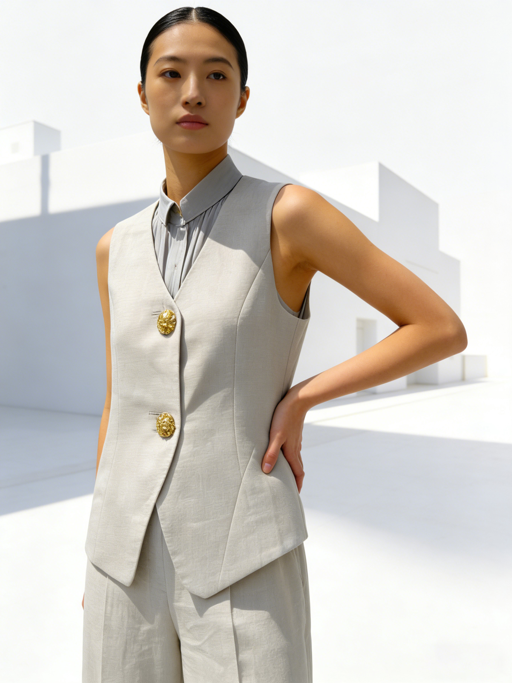 Minimalist Sage Green Suit - Oversized Gold Button Vest & Wide Leg Pants  C-41251+C-41250