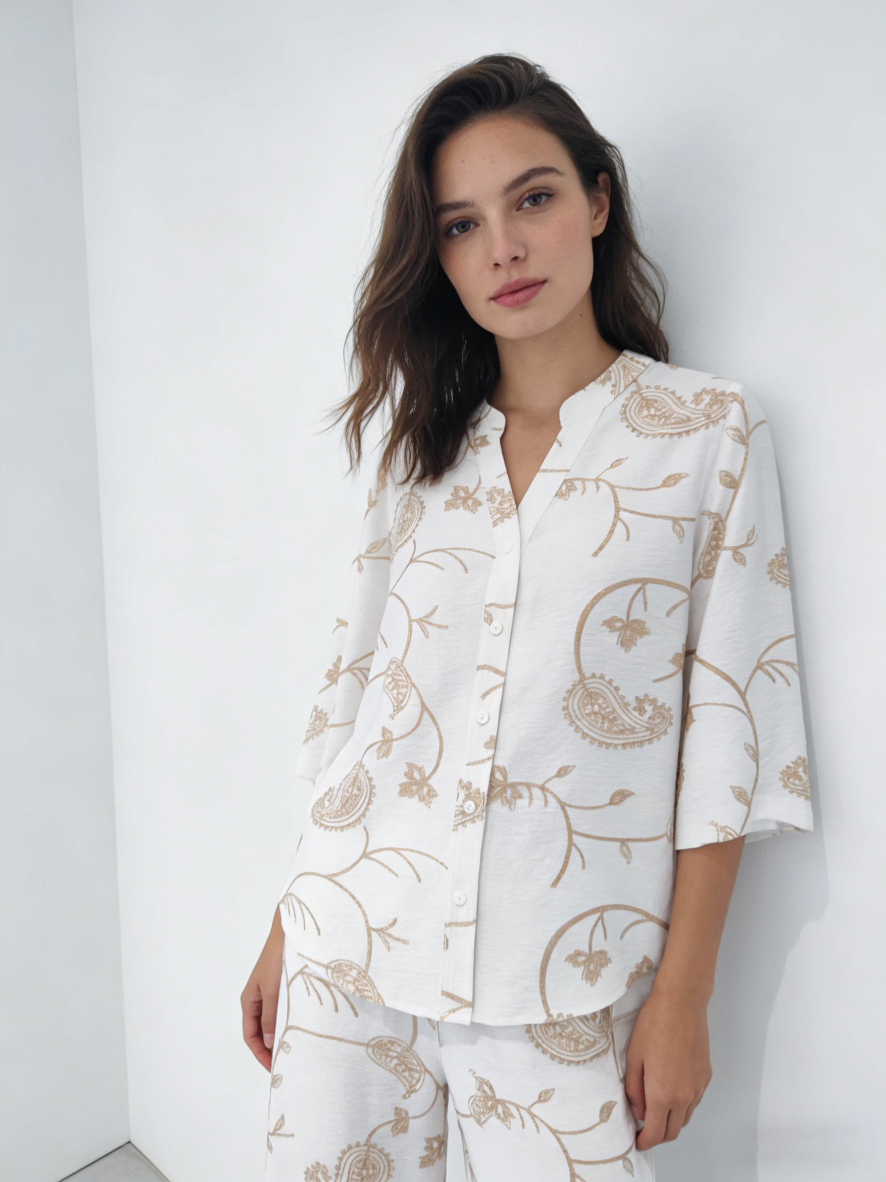 Boho Neutral Vine Embroidery Loose Summer Resort Women Top A-42171