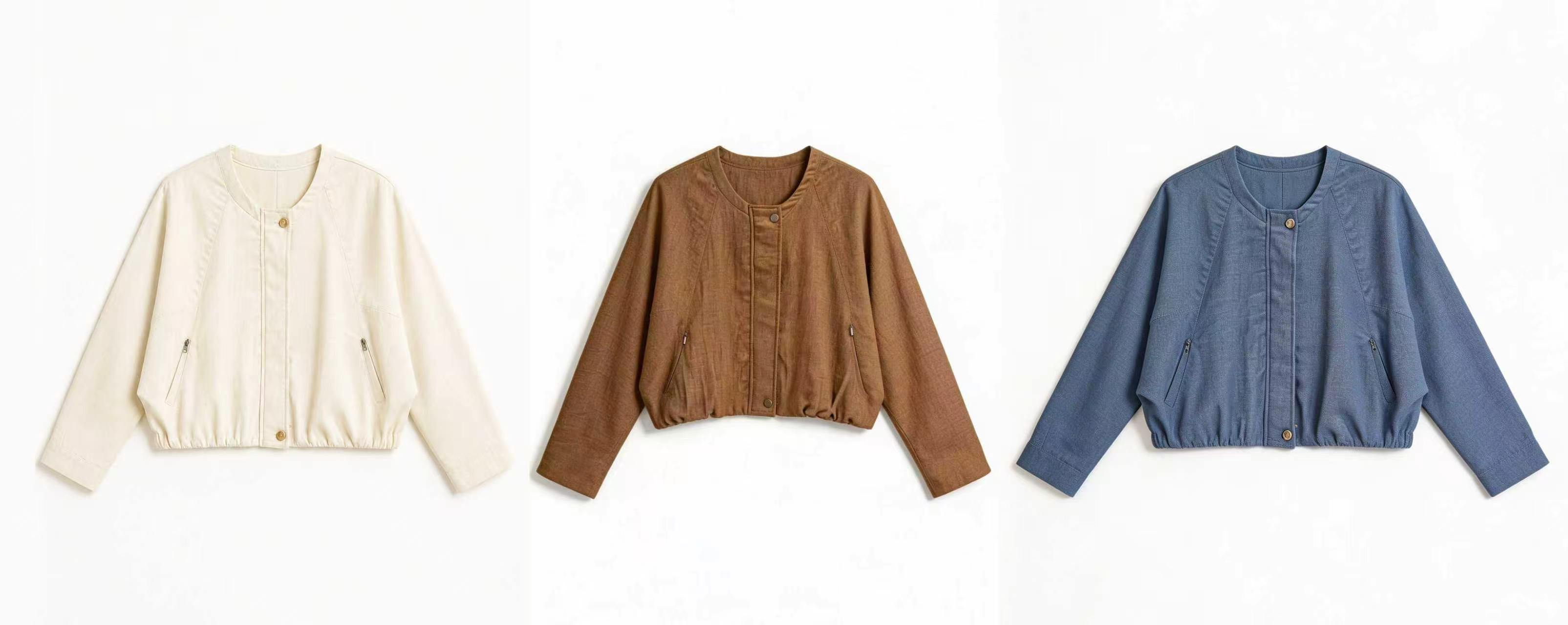 Minimalist Linen Cropped Bomber Jacket with Elastic Hem LA-710004
