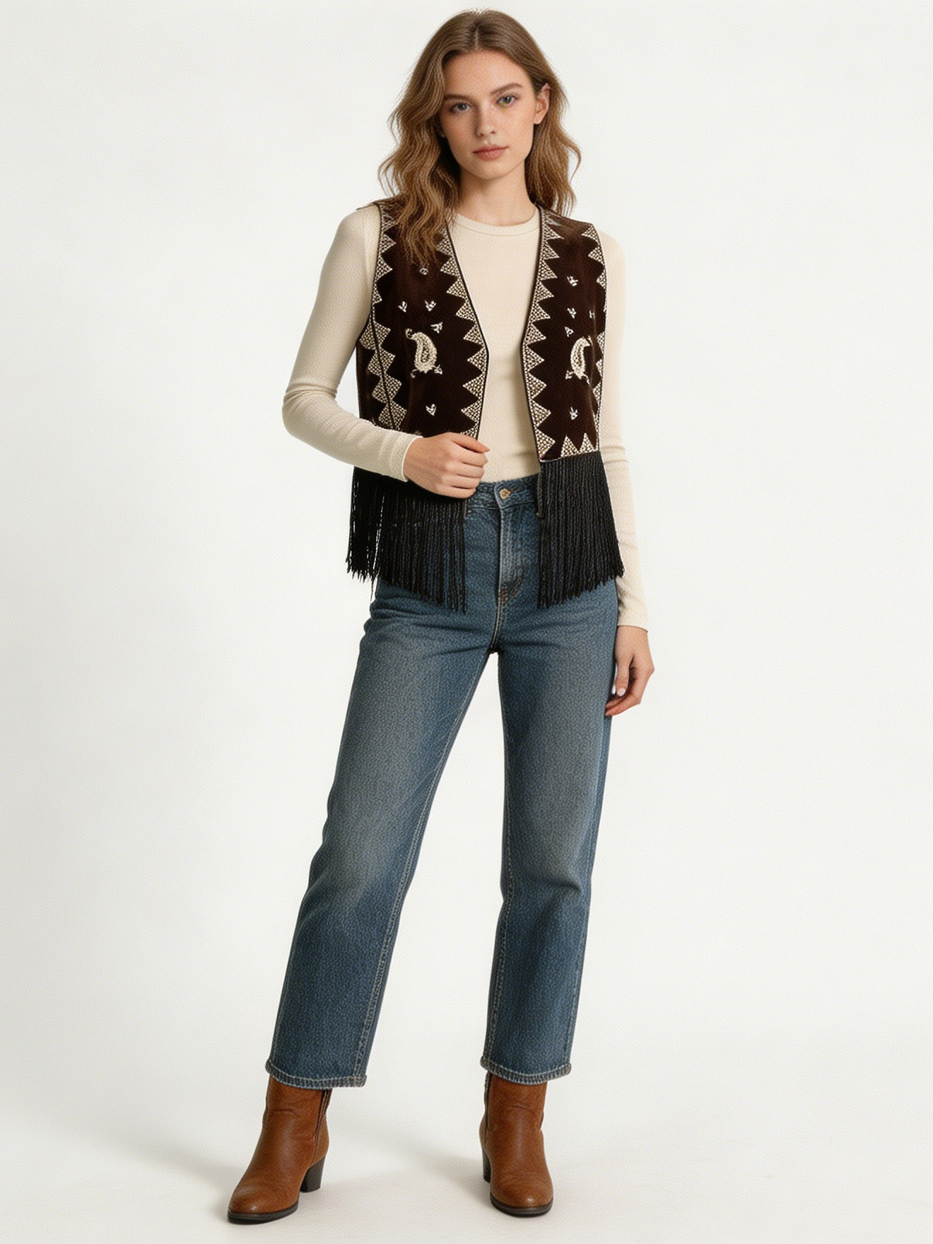 Boho Brown Velvet Embroidered Fringe Vest W-33701