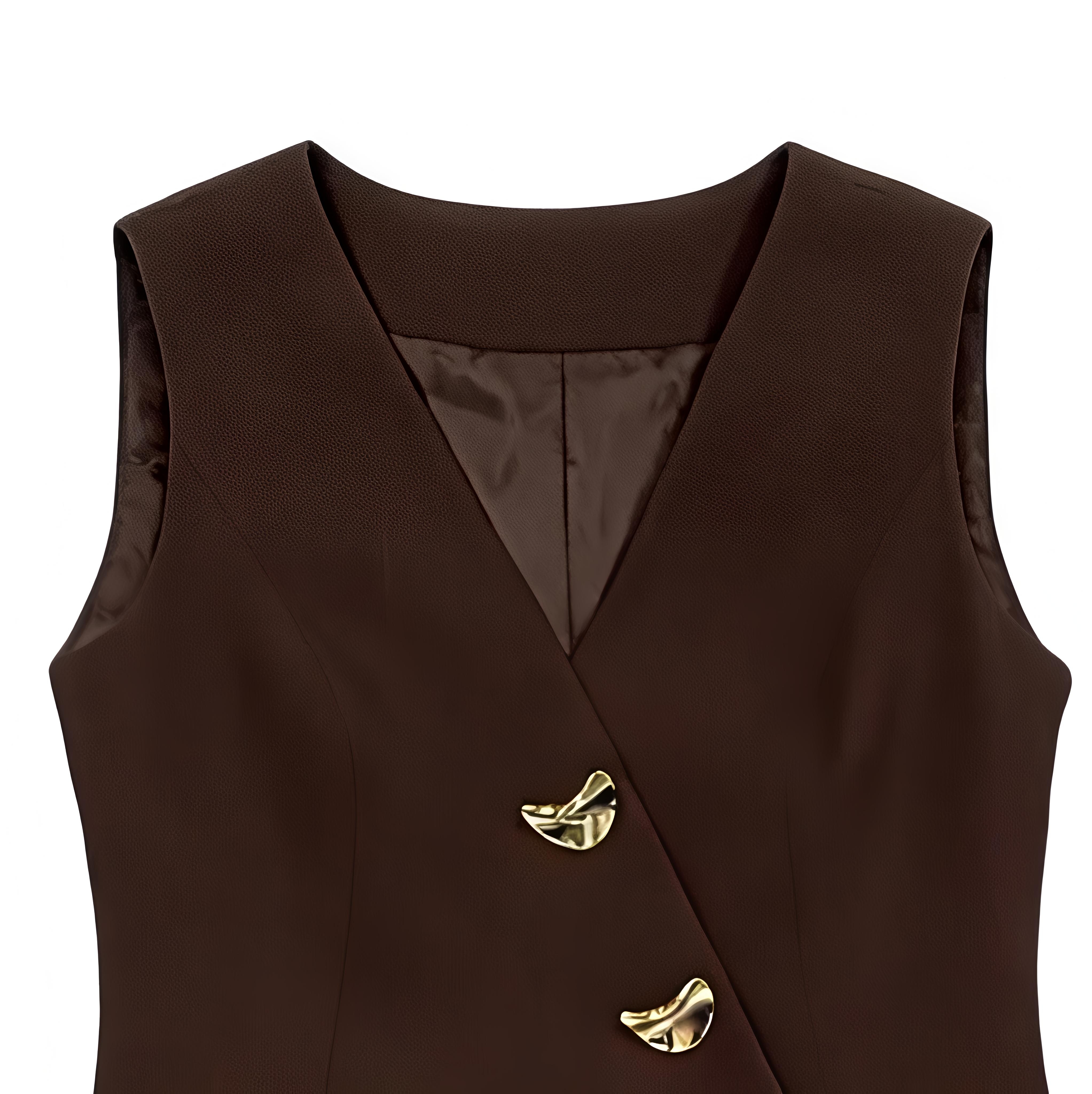 Elegant Brown Two Piece Set - Asymmetric Waistcoat & High Waist Flare Trousers  C-41704，C-41703