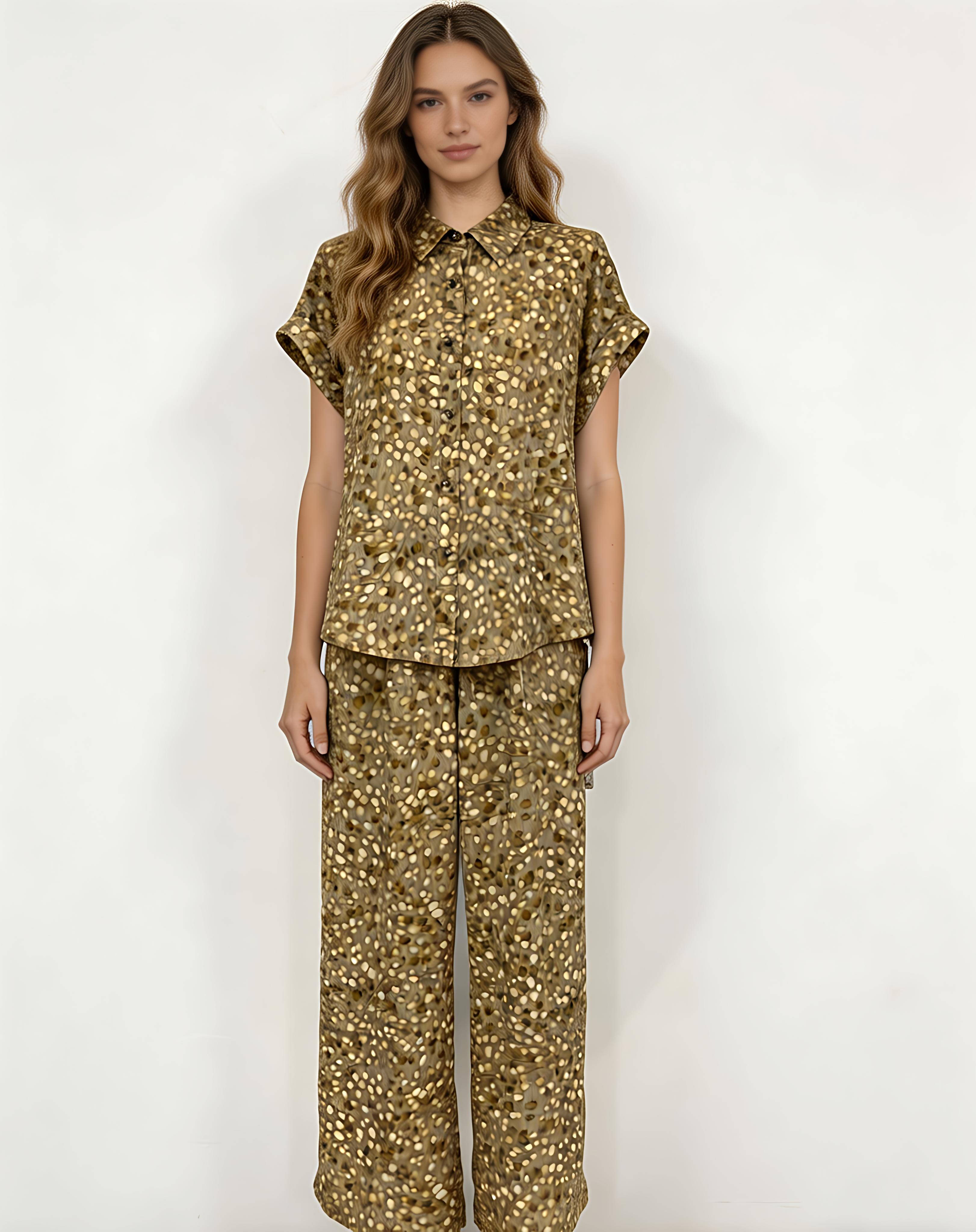 Khaki Dot Print Satin Shirt Wide Leg Pants Set - Two Piece Outfit W-42716+W-42717