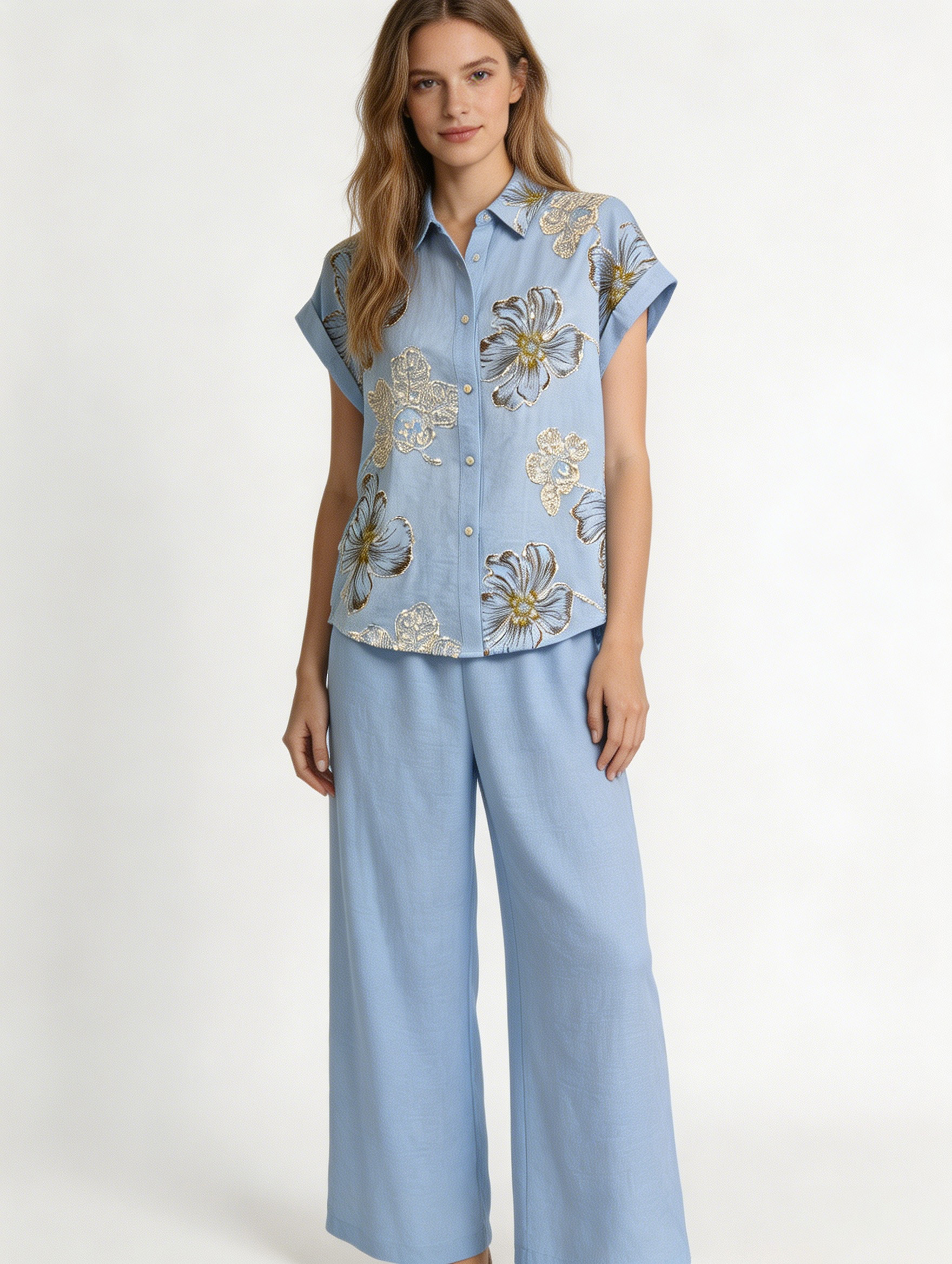 Light Blue Linen-Blend Floral Embroidered Shirt Wide Leg Pants Set - Two Piece Outfit W-42698+W-42699