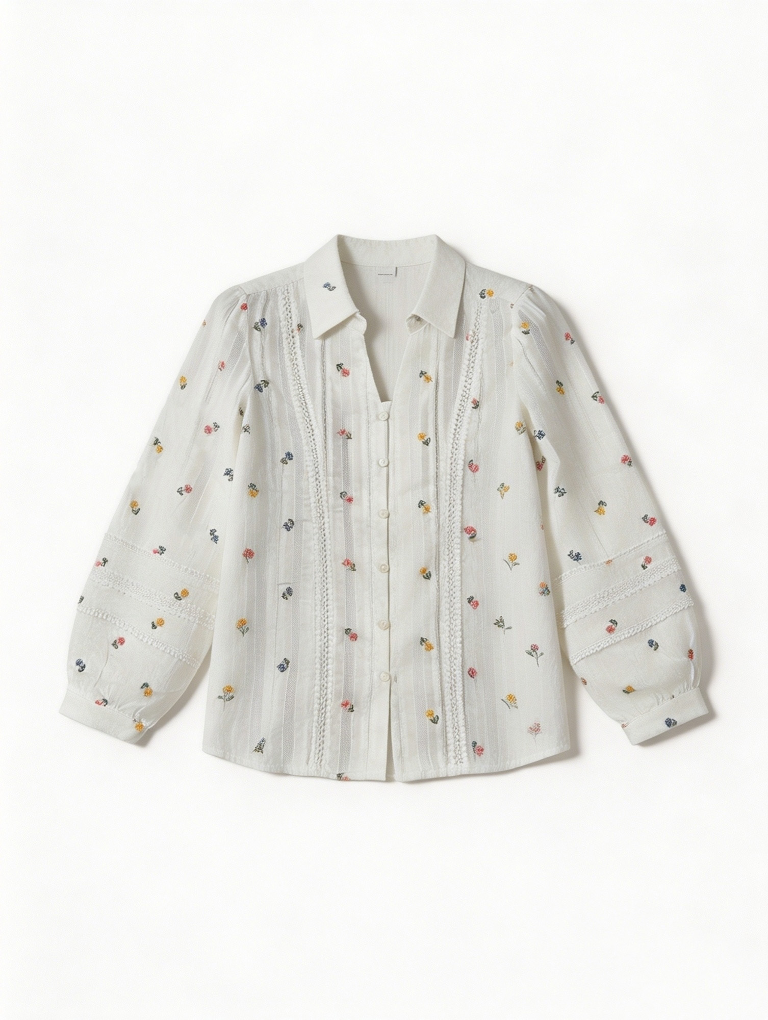French Style White Floral Embroidered Shirt - Ruffle Sleeve Blouse  AN-710006
