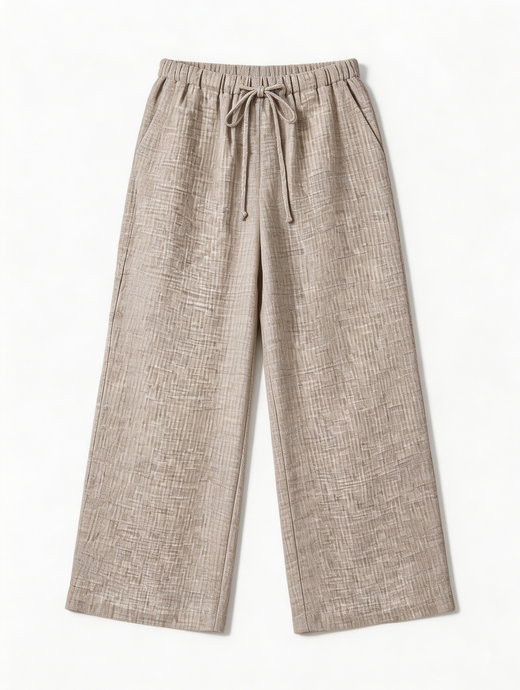Women's Khaki Textured Drawstring Wide Leg Pants - Relaxed Fit Trousers  S-2543