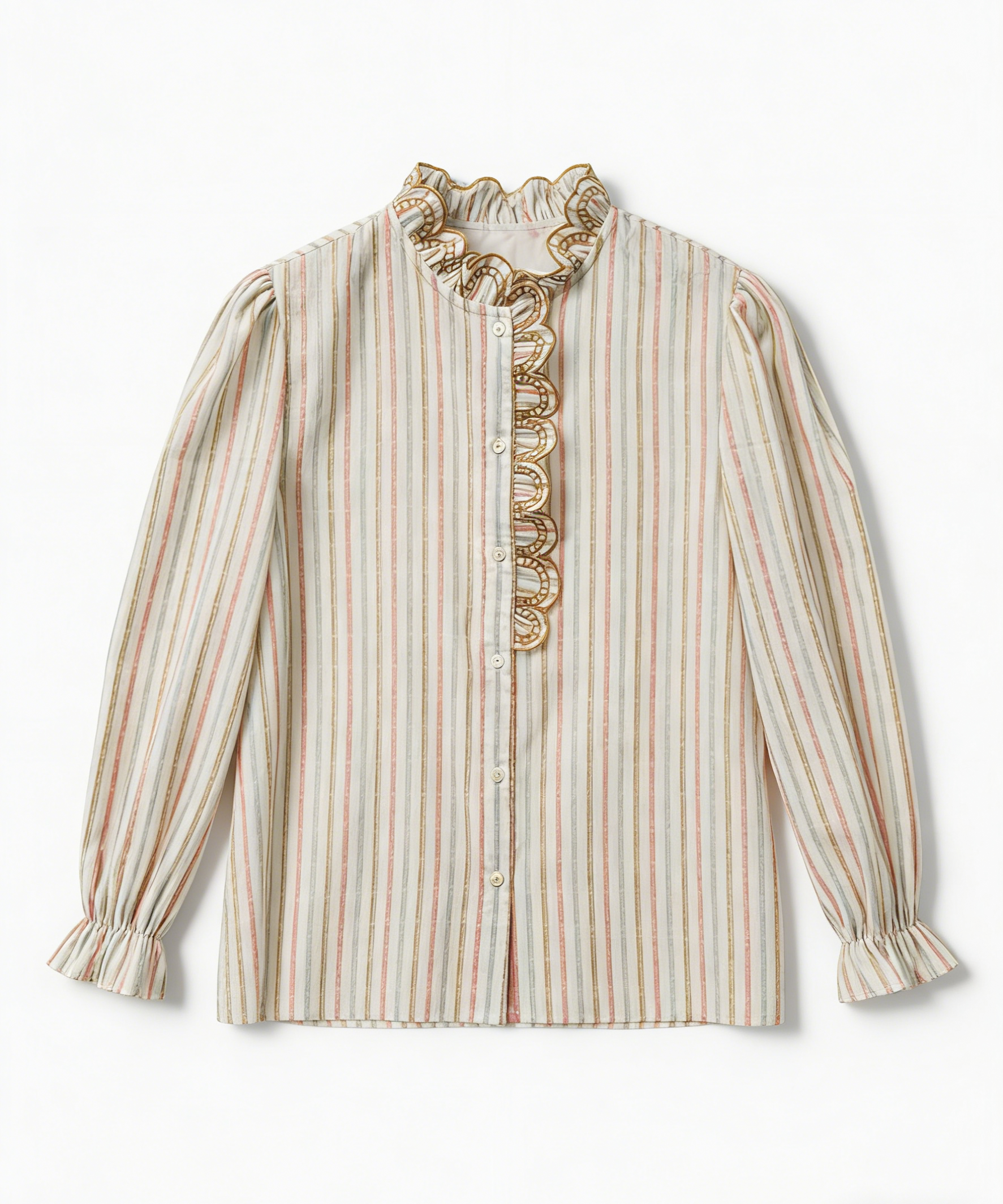 Vintage Pink Stripe Ruffle Neck Blouse - Long Sleeve Victorian Blouse  A-41690