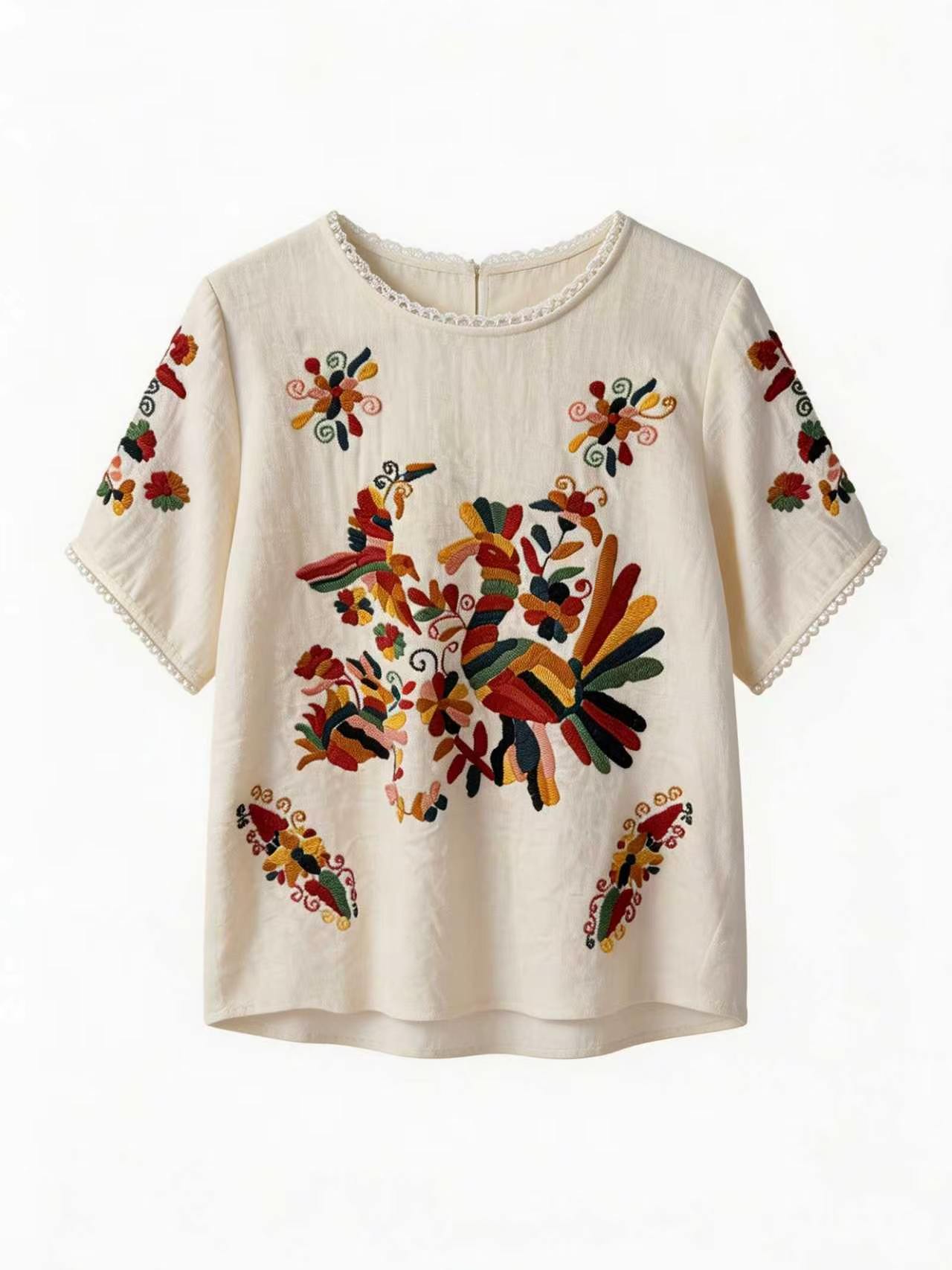 Floral Embroidered Boho Blouse with Lace Trim LA-750002