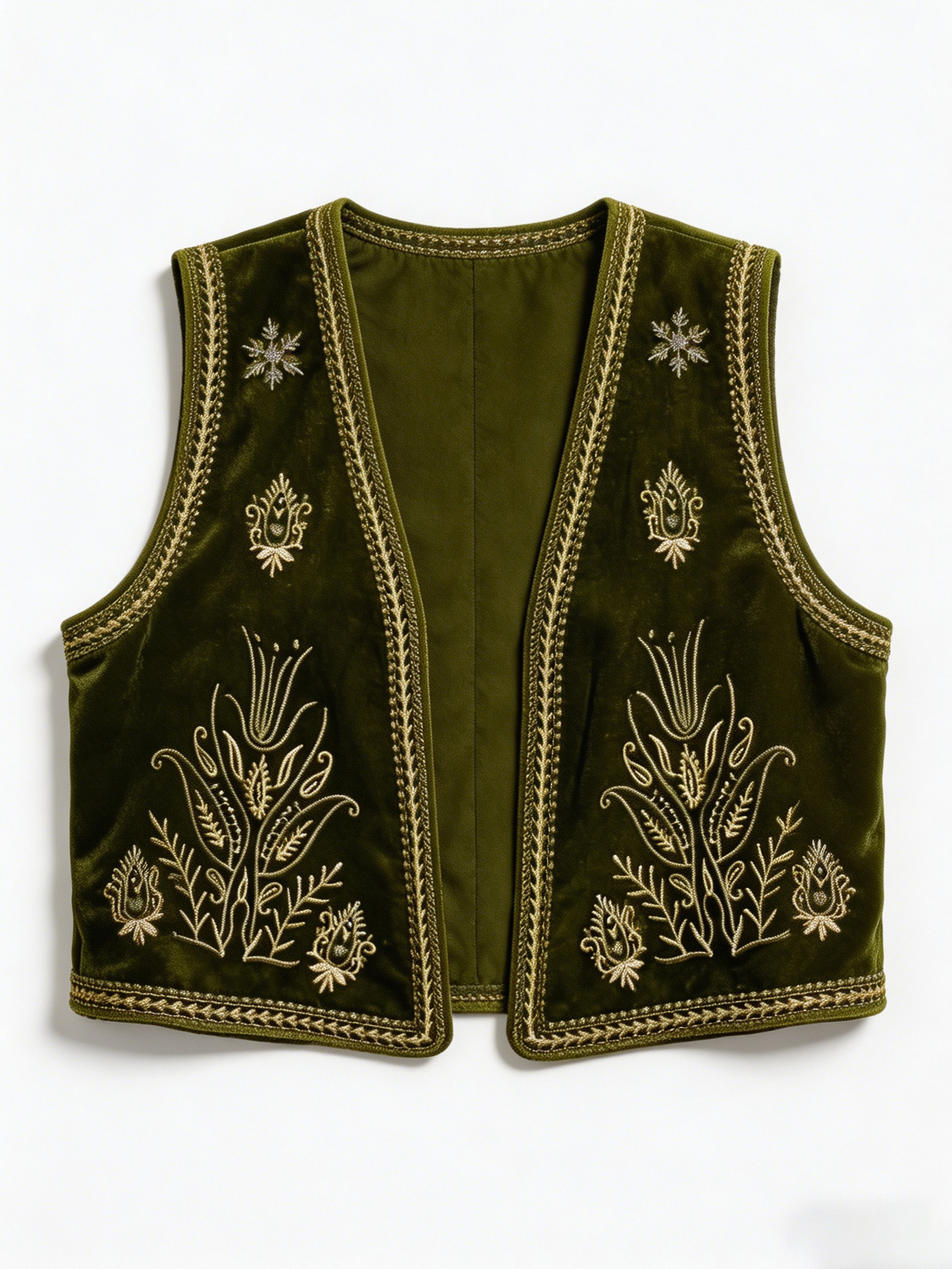 Artisan Embroidered Olive Velvet Boho Vest AN-980010
