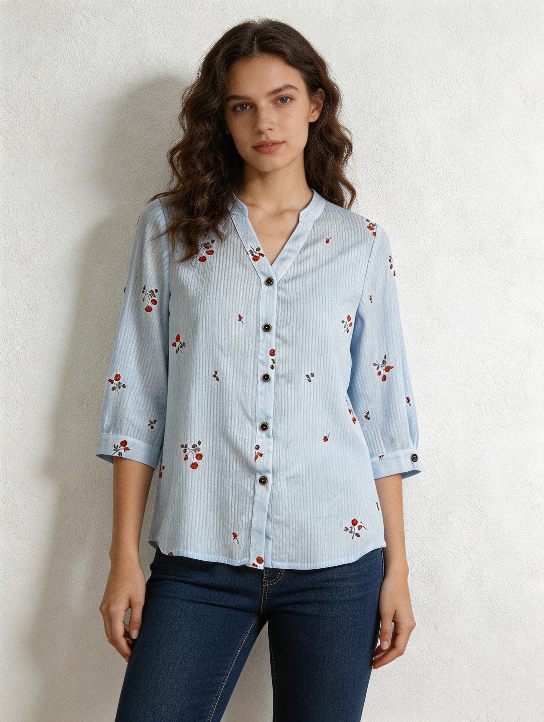 Women's V-Neck Button Down Blouse - Textured Vertical Stripe & Floral Print Shirt A-42524