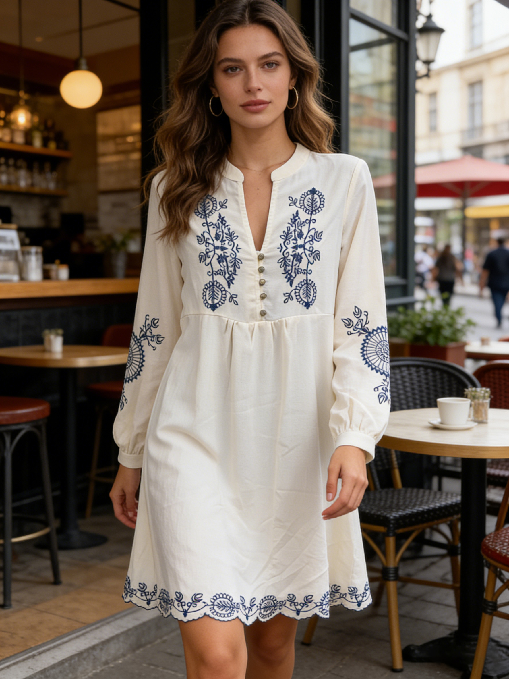 Women’s Boho Embroidered Long Sleeve A-Line Mini Dress AN-181280
