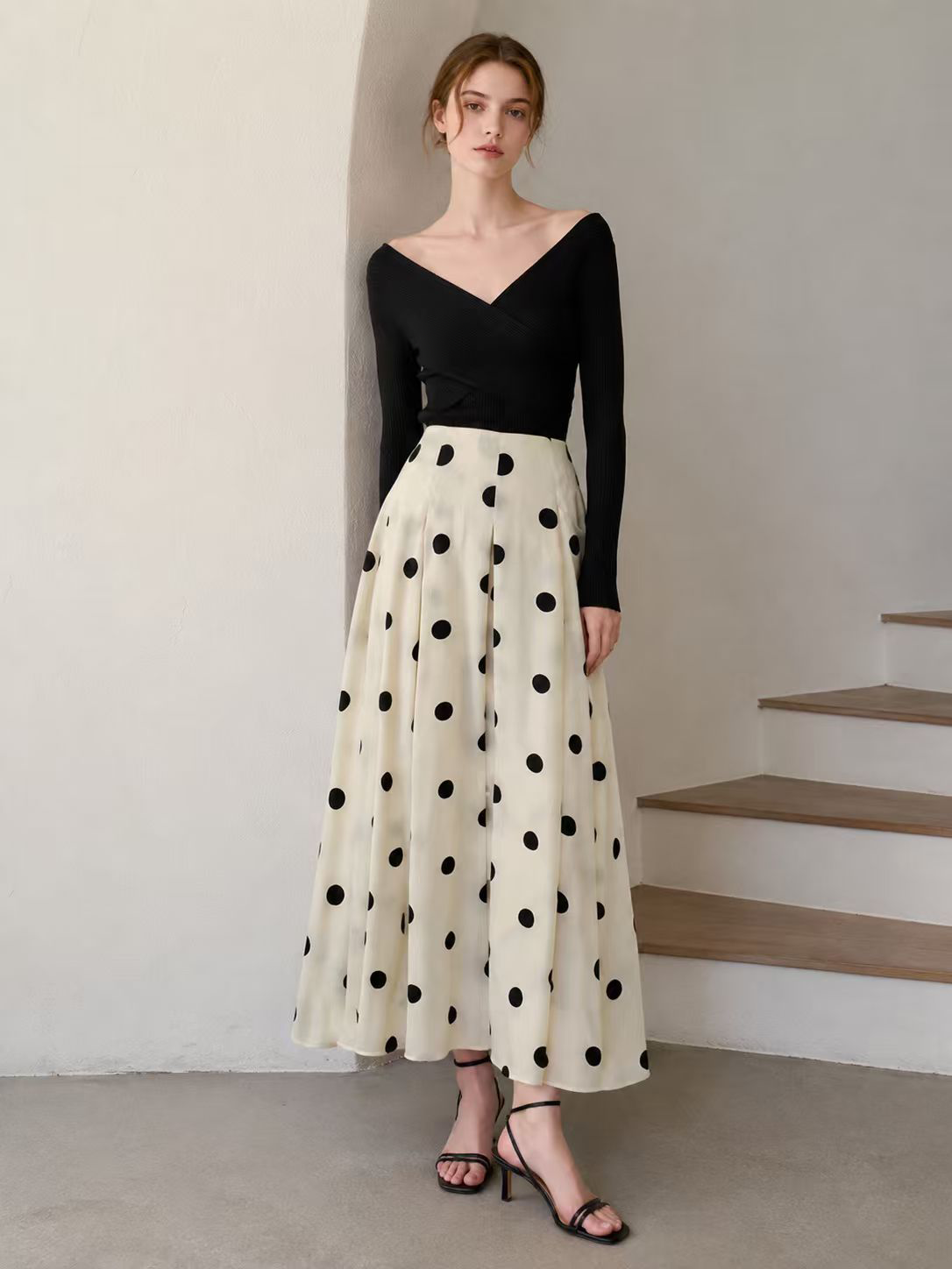 Black White Polka Dot High Waist Midi Skirt with Pockets - Retro A-Line Skirt W-38965