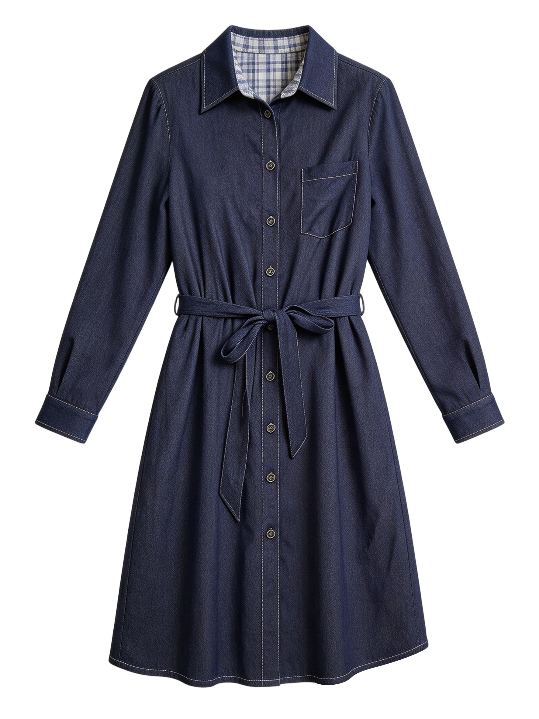 Denim Shirt Dress with Belt - Casual Midi Dress A-43054