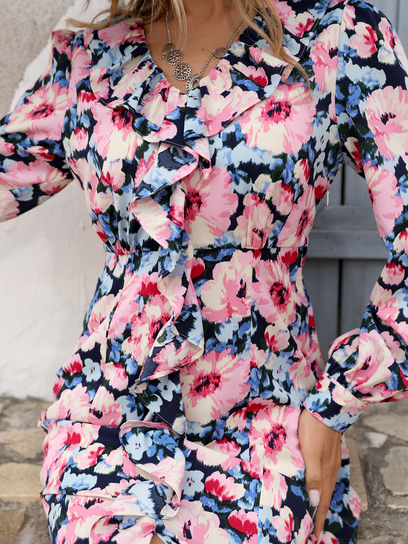 Women’s Romantic Floral Ruffle Midi Dress – Long Sleeve Tie Neck Slit Dress D-34134